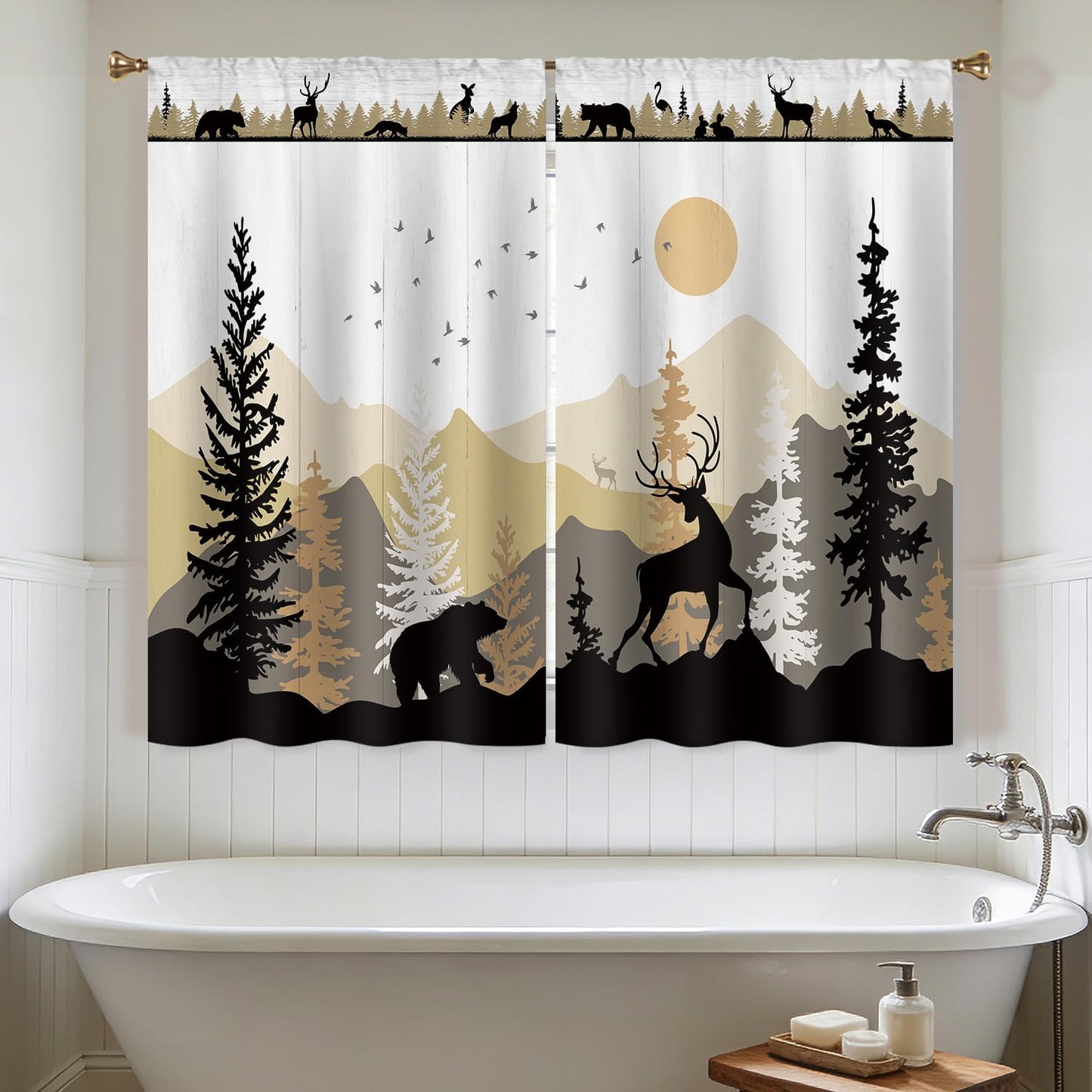 Cizuug Farmhouse Forest Cabin Kitchen Curtains Rustic Wooden Small Short Cafe Window Curtains Tree Country Deer Bear Rod Pocket Bathroom Window Drapes Treatment Tier Curtains 2 Panels (27.5x39 Inch)