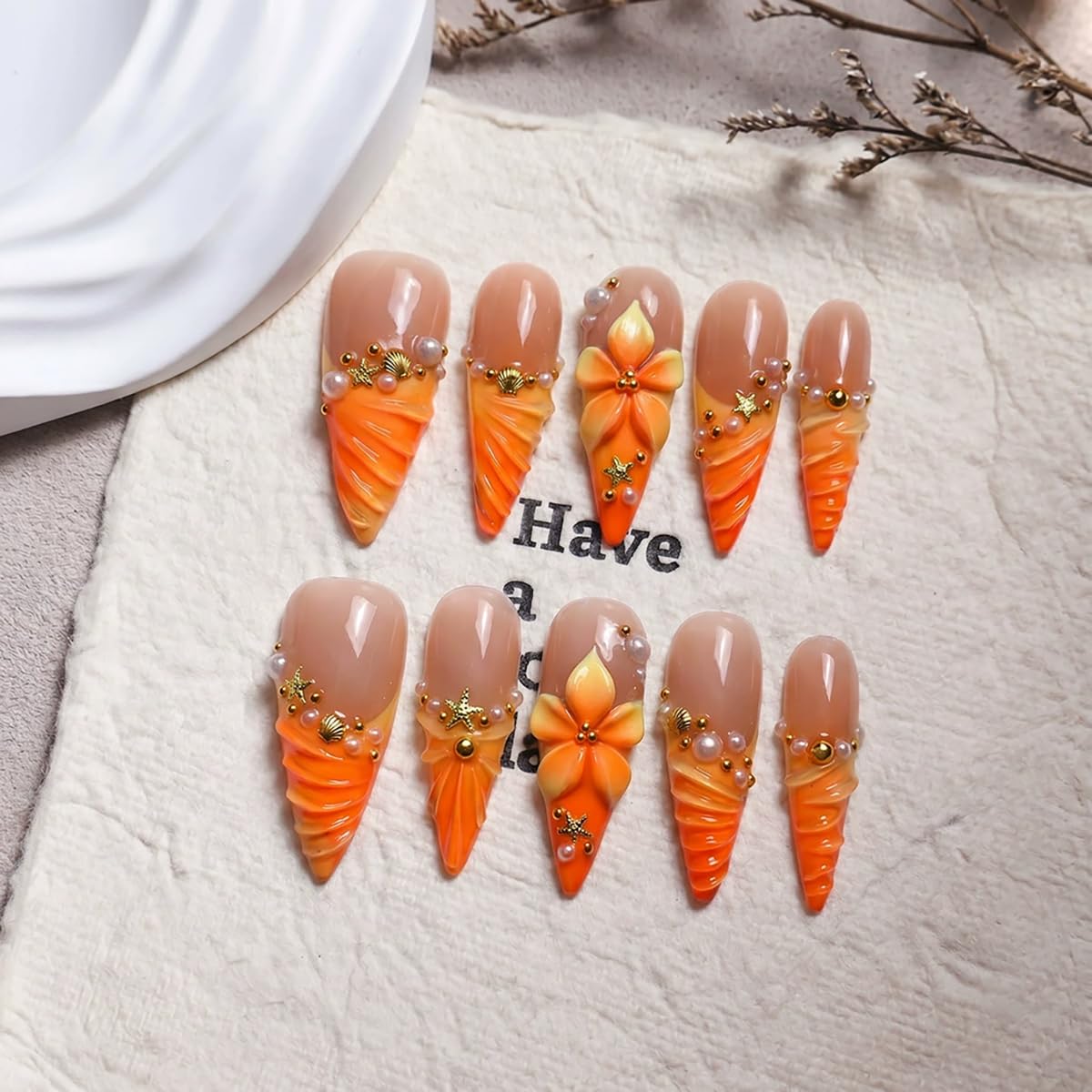 Handmade Press on Nails Long Stiletto False Nails Yellow French Tip Fake Nails with 3D Flower Designs Sparkly luxury Beach Artificial Nails for Women 10pcs (Size M）