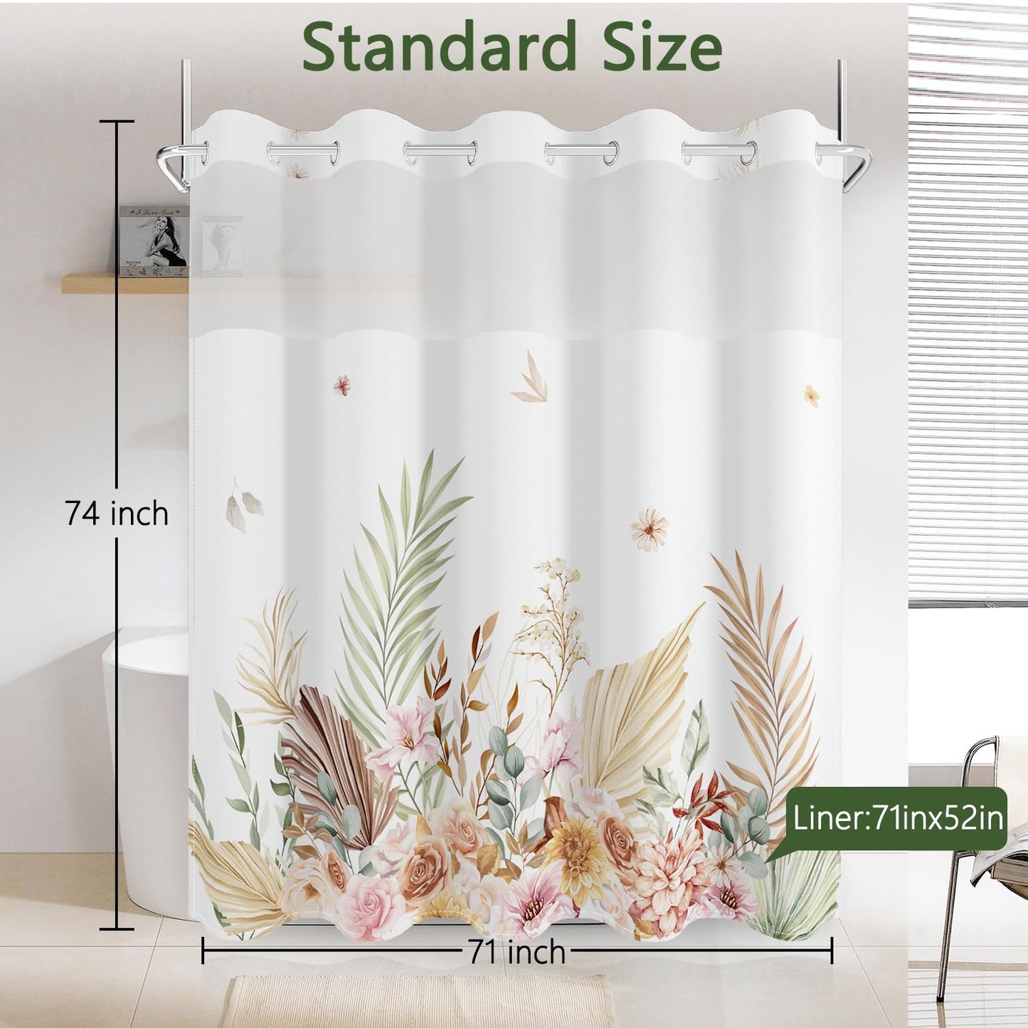 No Hook Shower Curtain with Snap in Fabric Liner Set, Waterproof & Washable,Tan Boho Watercolor Leaf Plant Floral Shower Curtains for Bathroom, Hotel Farmhouse Bathroom Curtain, House Gift, 71x74 Inch