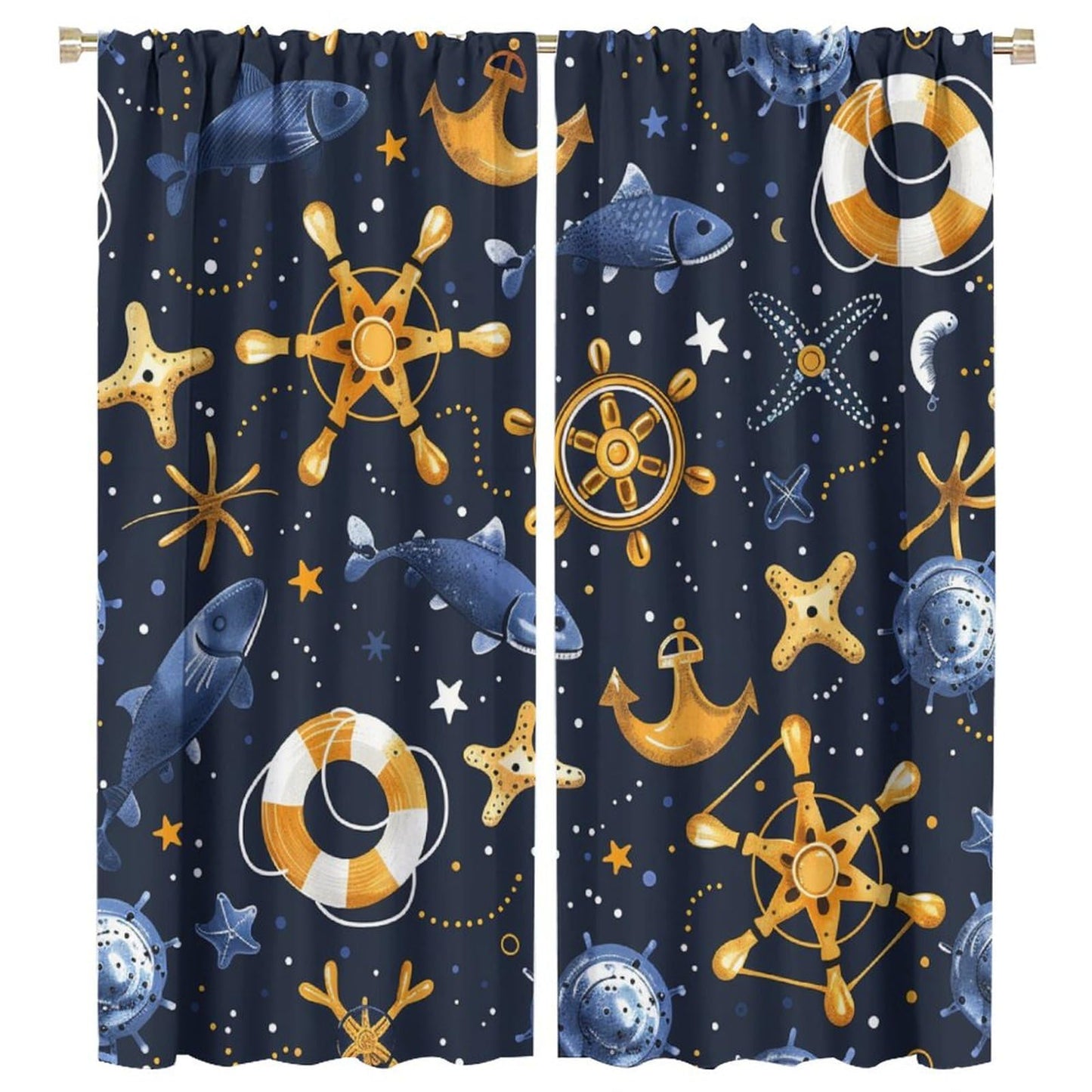 HDESDIS Fantasy Ocean Boat Anchor Blackout Curtains for Bedroom Living Room, Rod Pocket Abstract Starry Life Buoy Fish Curtains Thermal Insulated Window Drapes 2 Panels, Each 21W x 45L