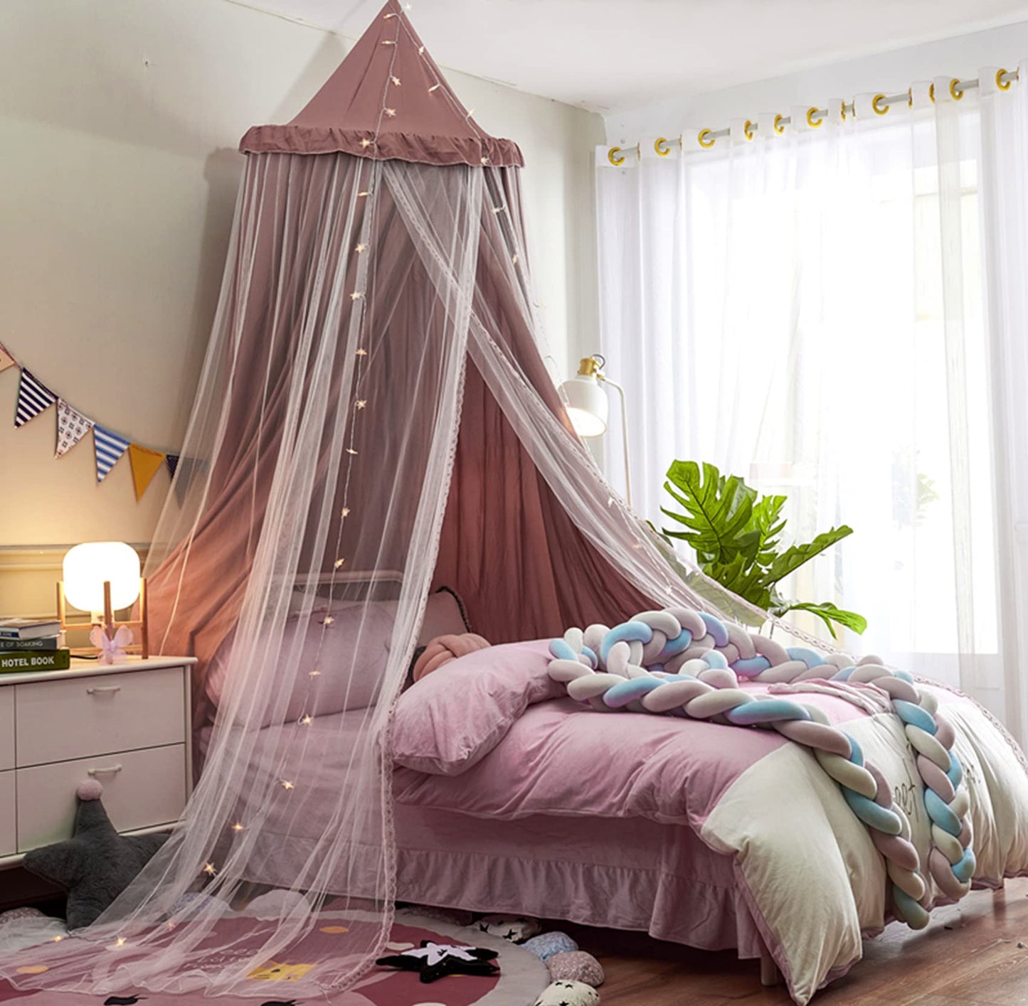 VETHIN Bed Canopy Double Layer Princess Round Dome Dreamy Mosquito Net Bedding Girls Room Castle Play Tent Hanging House Decor Reading Nook Canopies(Jujube Red/White)