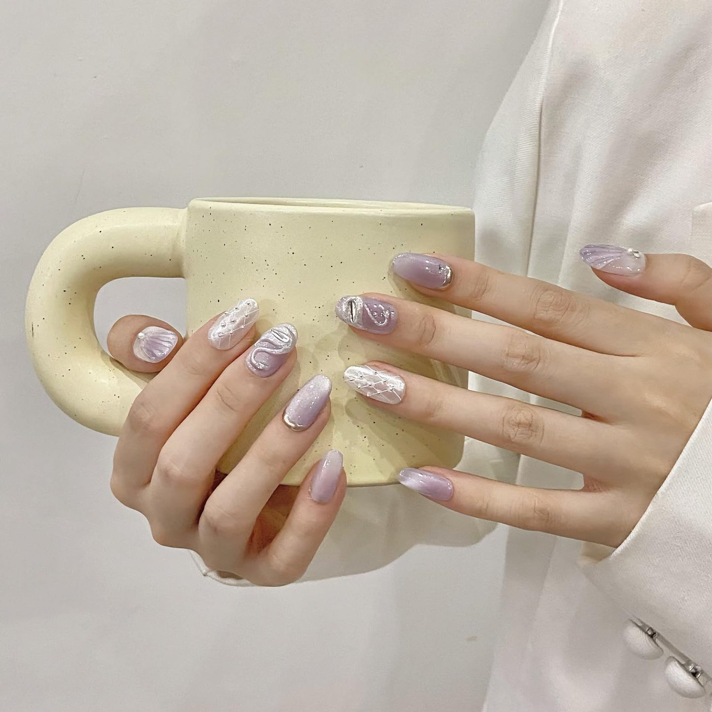 NLSJMP Handmade Press on Nails,Reusable False nails,Acrylic Fake Nails Kit,Luxury glitter pearl purple white silver rhinestone Design Nail Art Kit,Include Toolkit,10pcs,Size L，#1991
