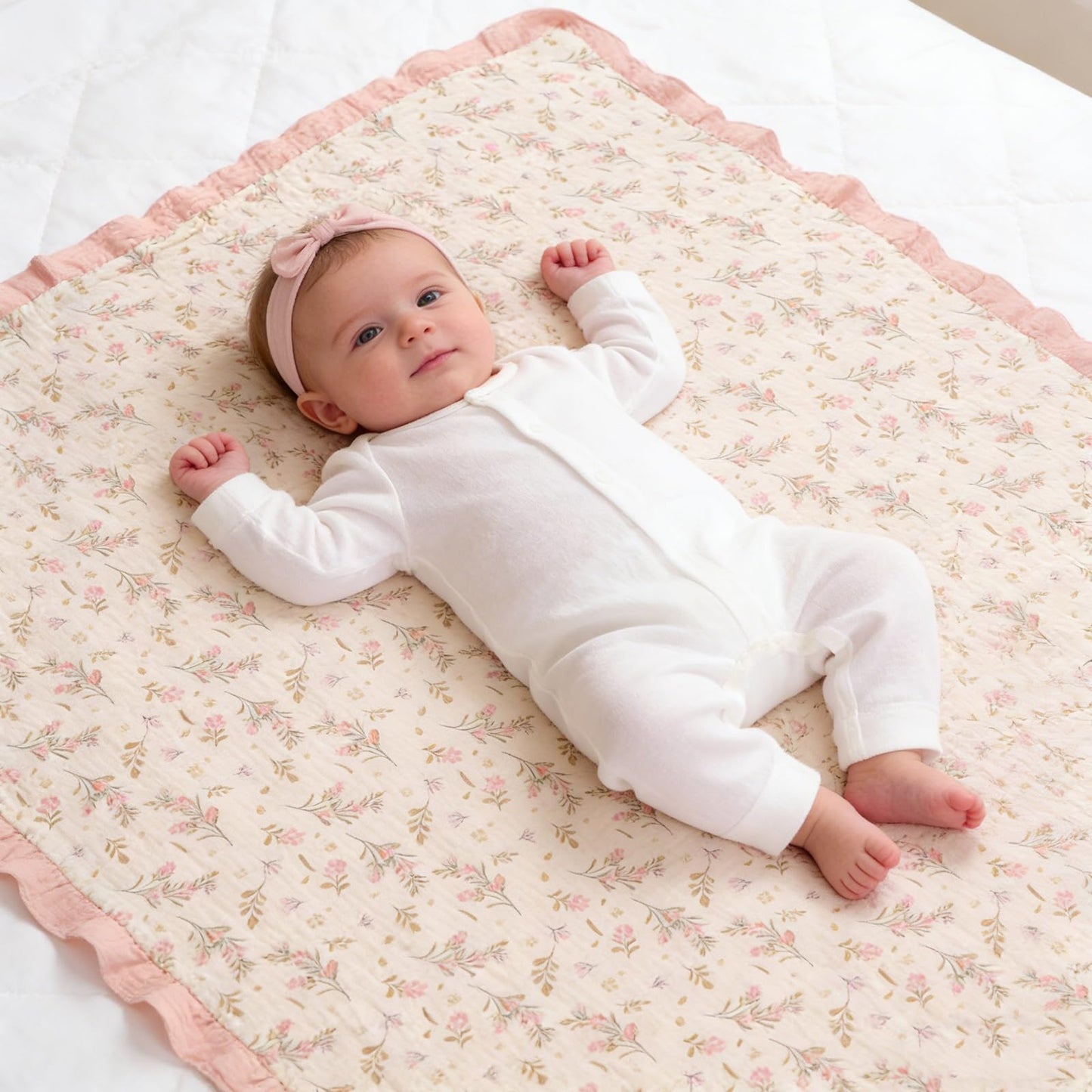 Organic Baby Blanket Flounce Edge Large 50"x43" Floral, 100% Muslin Cotton Super Soft Breathable Toddler Quilt Crib Blankets Gender Neutral for Baby Boys and Girls Bassinet, Bed, Stroller & Snuggling