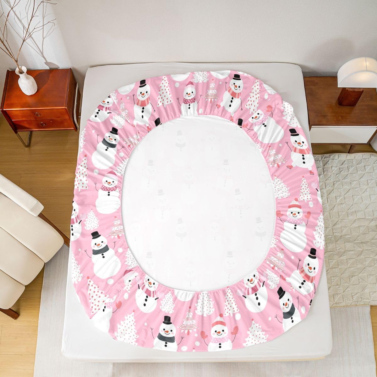 Erosebridal Kawaii Bedding Sets Twin Cute Cartoon Snowman Fitted Sheet for Kids Child Girls Pastel Pink Merry Christmas Tree Bed Sheets Snowflake Bedding Decor Set Xmas Decorations