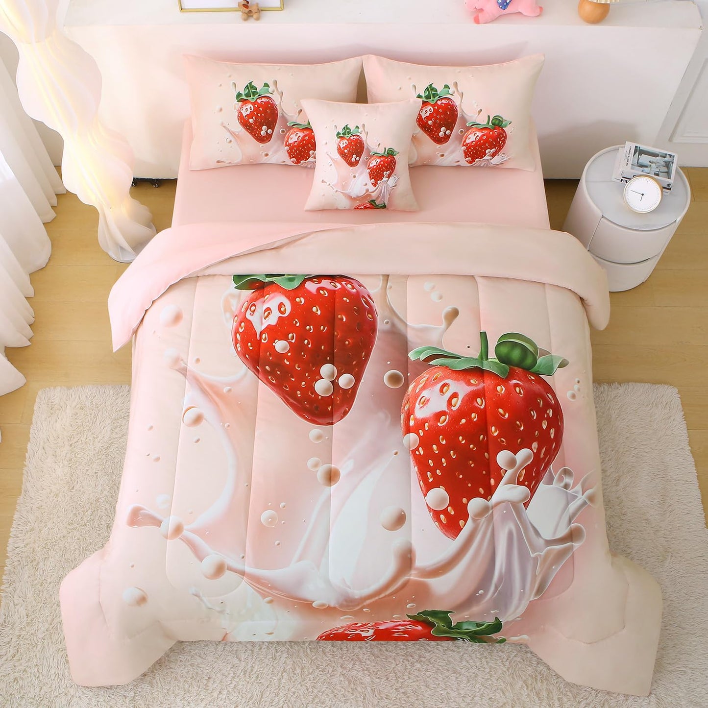 JQinHome Twin Strawberry Comforter Sets for Girls Kids Teens,6 Piece Bed in A Bag - All Season Soft Microfiber Strawberry Bedding Set with Sheet Sets (Pink)