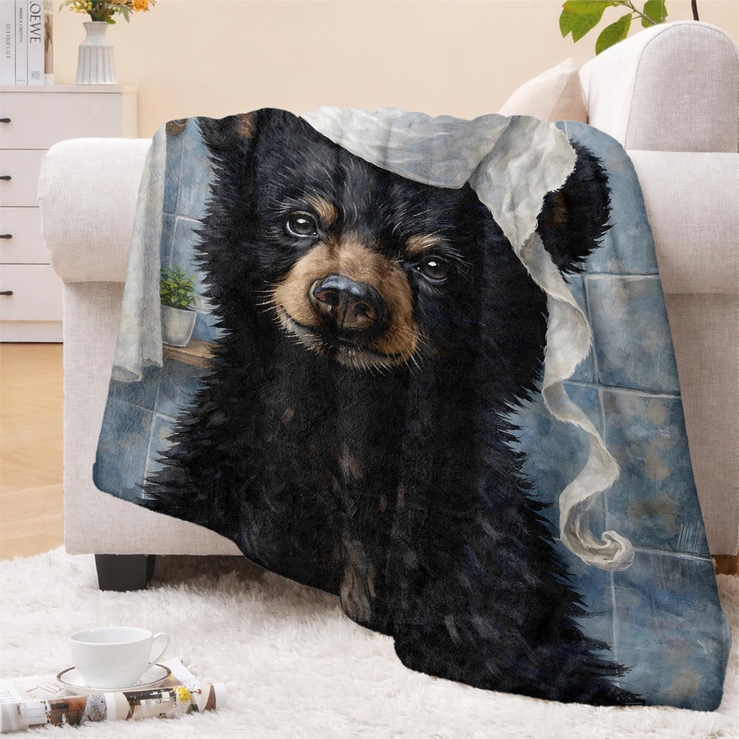 cromcu Funny Bear Flannel Throw Blanket, 50x60in, Soft Warm Cozy Blankets with Adorable Bear and Toilet Paper, Humorous Gifts for Men Women Animal Lovers, Home Decor Dorm Office Travel Camping
