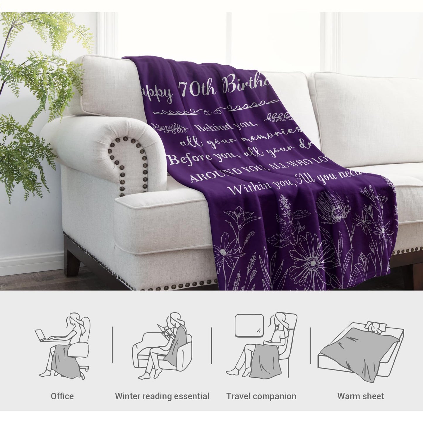 Jekeno 70th Birthday Gifts for Women Mother, Best 1955 Birthday Gift for 70 Year Old Woman Mom, Happy 70th Women Birthday Decorations, 70th Woman Christmas Ideas, Soft Cozy Plush Throw Blanket 50"X60"