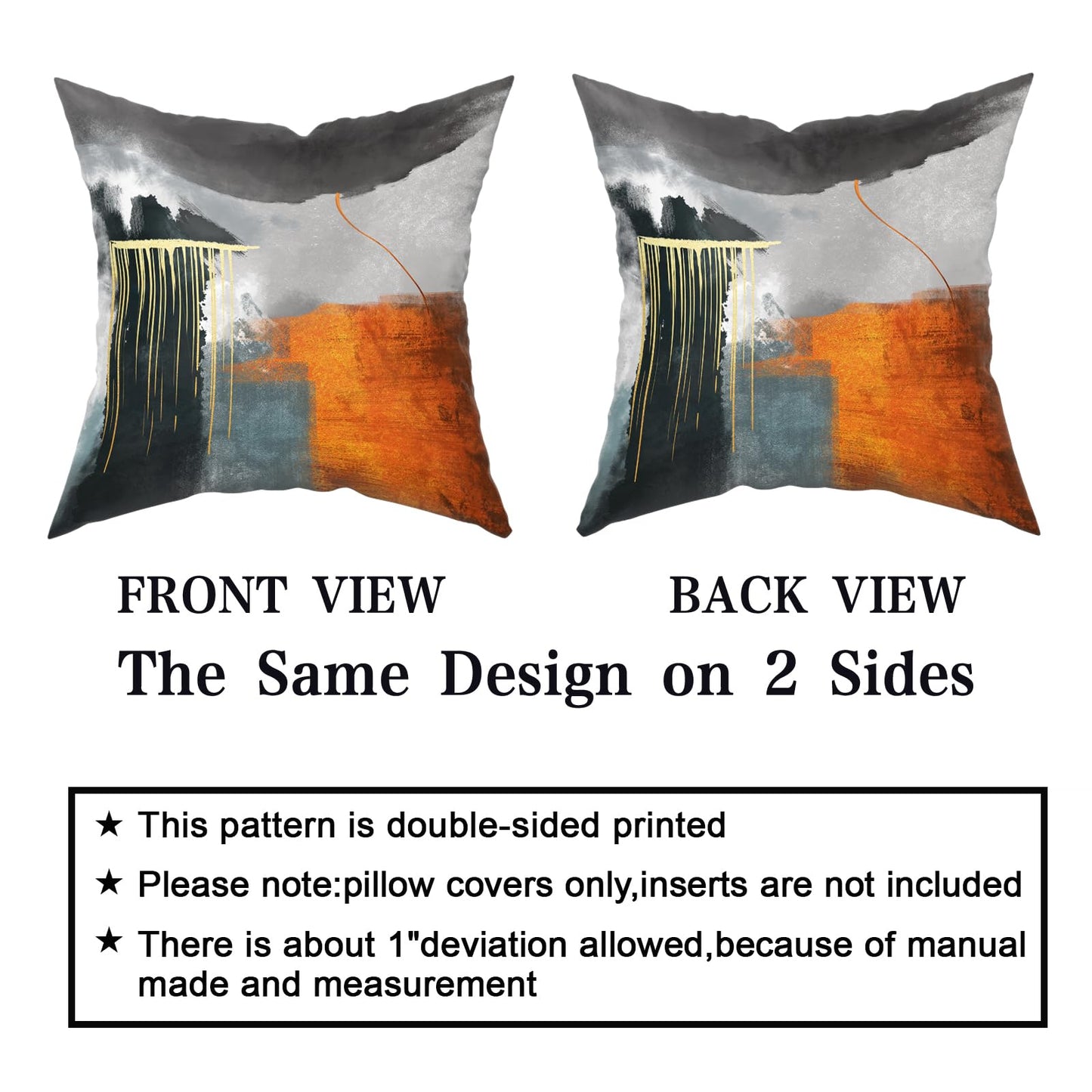 Retro Gold Throw Pillow Covers - Abstract Rust Orange Teal Gray Black Pillow Case Set of 2 Burnt Orange Painting Cushion Covers Decorative 18 x 18 Inches Pillowcases for Home Decor