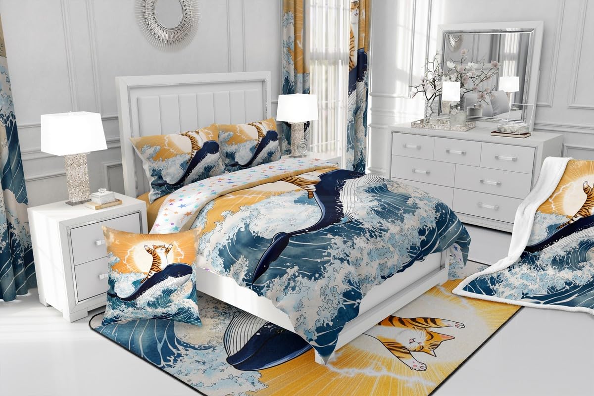 Feelyou Cute Cat Whale Bedding Sheets Full Japanese Ukiyoe Theme Bed Sheet Set for Adult Kids Cartoon Anime Fitted Sheet Navy Blue Bed Cover 3Pcs,1 Fitted Sheet+2 Pillow Sham（No Flat Sheet）