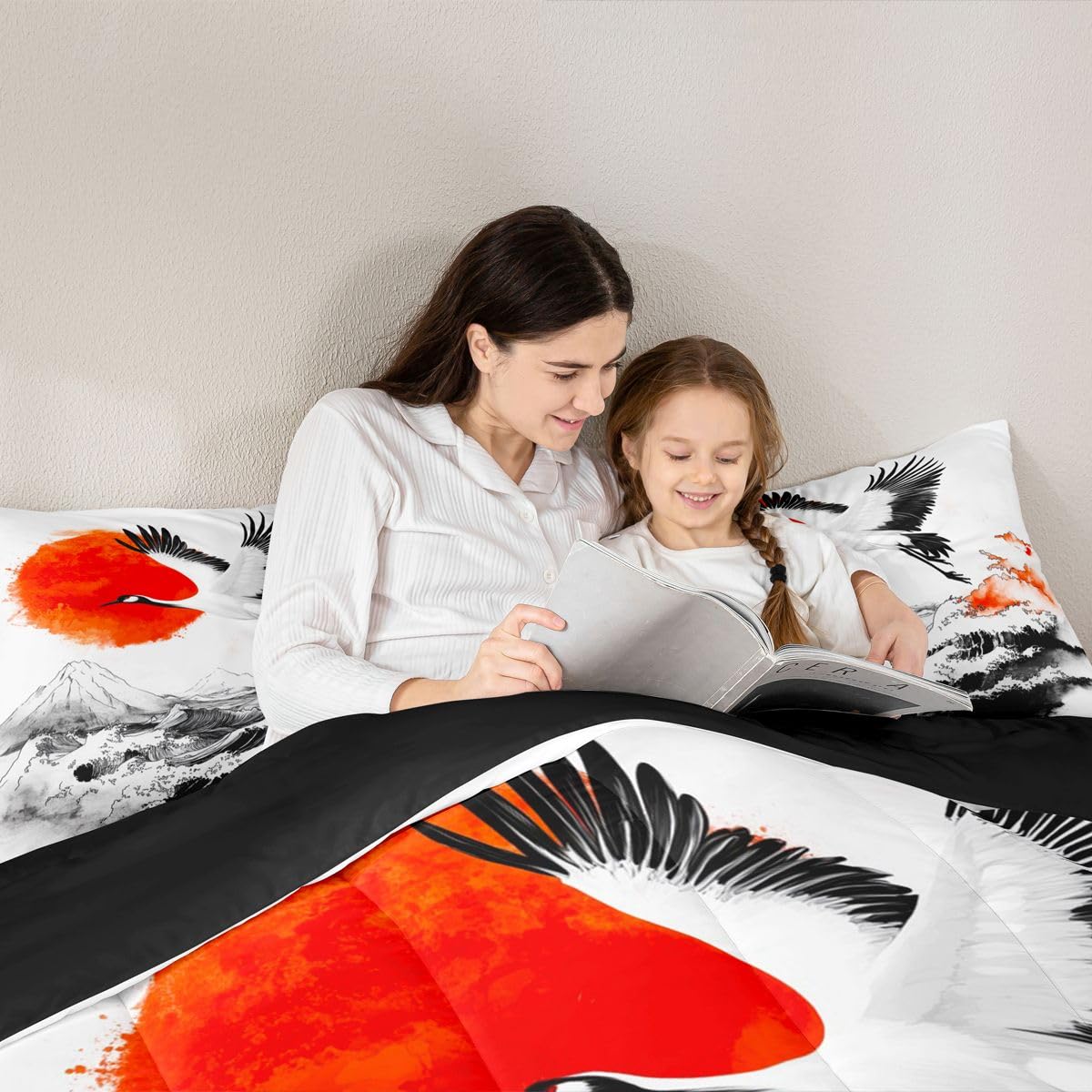 jejeloiu Wave Comforter Set All Season Cranes Bedding Set with 2 Pillow Cases Japanese Style Microfiber Kids Queen Bedclothes Red Sun Bedroom Decor Duvet Quilt Breathable Soft Lightweight