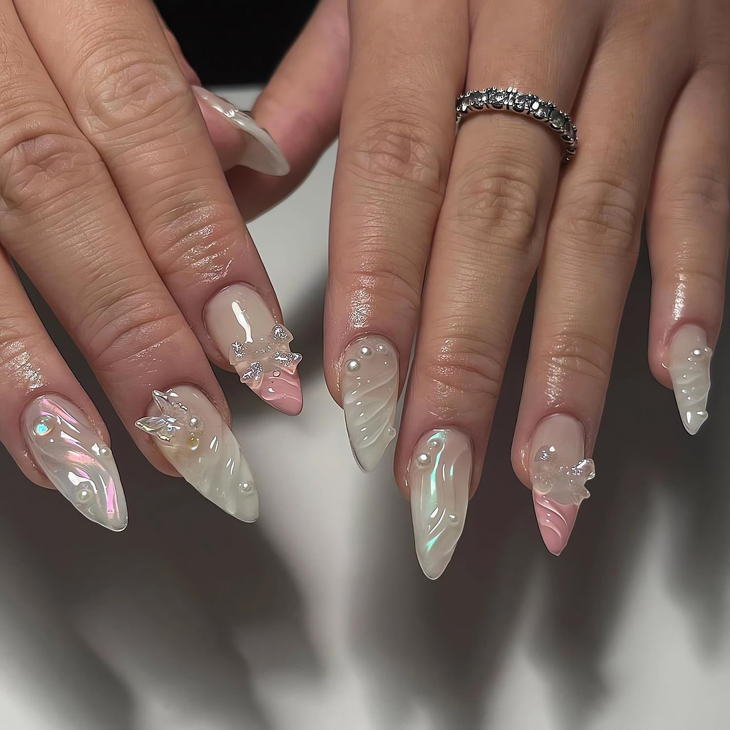 LPOODDNU 3D Almond Press on Nails Medium Fake Nails Acrylic Handmade Glue on Nails with 3D Butterfly Bow Designs Full Cover Stick on Nails Cute Almond Medium False Nails for Women Manicure 24Pcs