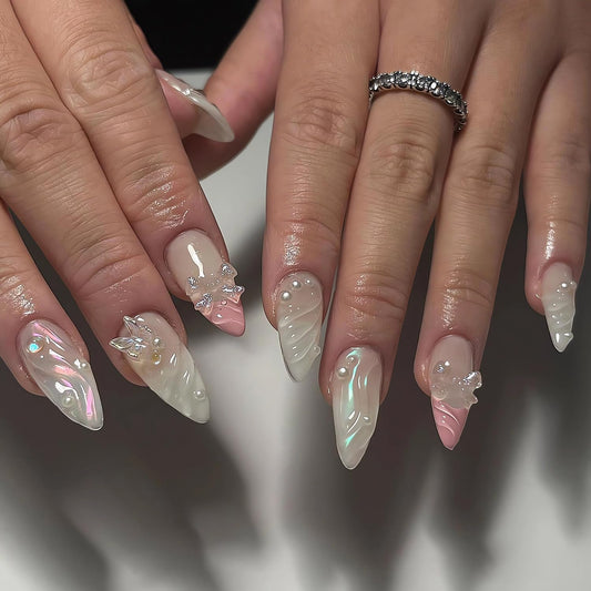 LPOODDNU 3D Almond Press on Nails Medium Fake Nails Acrylic Handmade Glue on Nails with 3D Butterfly Bow Designs Full Cover Stick on Nails Cute Almond Medium False Nails for Women Manicure 24Pcs