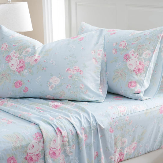 Zusbest Blue Floral Sheets Set Queen Size 100% Cotton Pink Flowers Bed Sheet Shabby Vintage Chic Bedding Romantic Pastoral Style Original Design Soft Luxury Deep Pocket Fitted Sheet 17.5'', 4 Pcs
