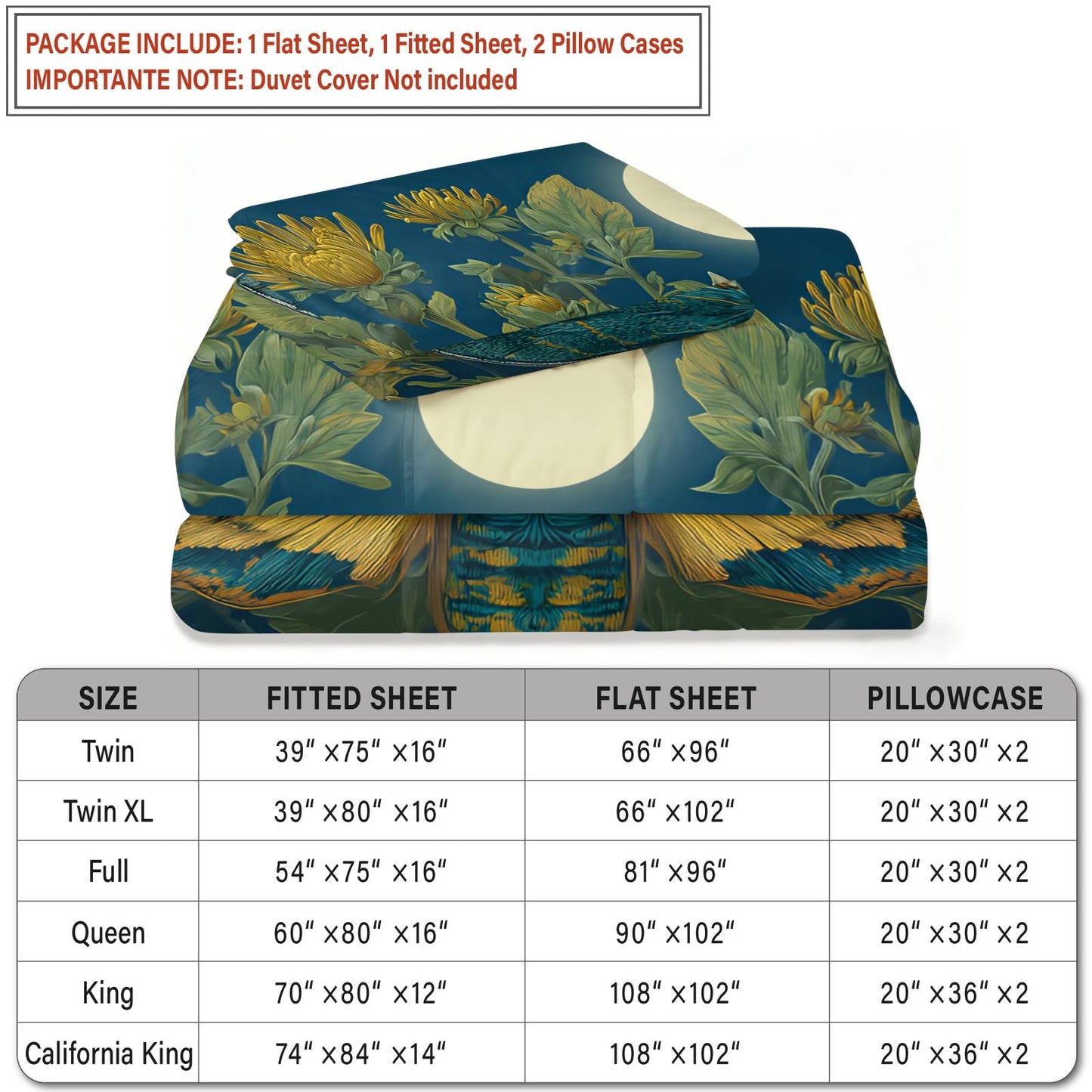 ZAOMIR Blue Gold Moth Bedding King for Adult, Vintage Chrysanthemum Gothic Bed Sheets Set 4 Pcs for Women, Dark Garden Deep Blue Botanical Sheets with 2 Pillowcases & Fitted Sheet & Flat Sheet