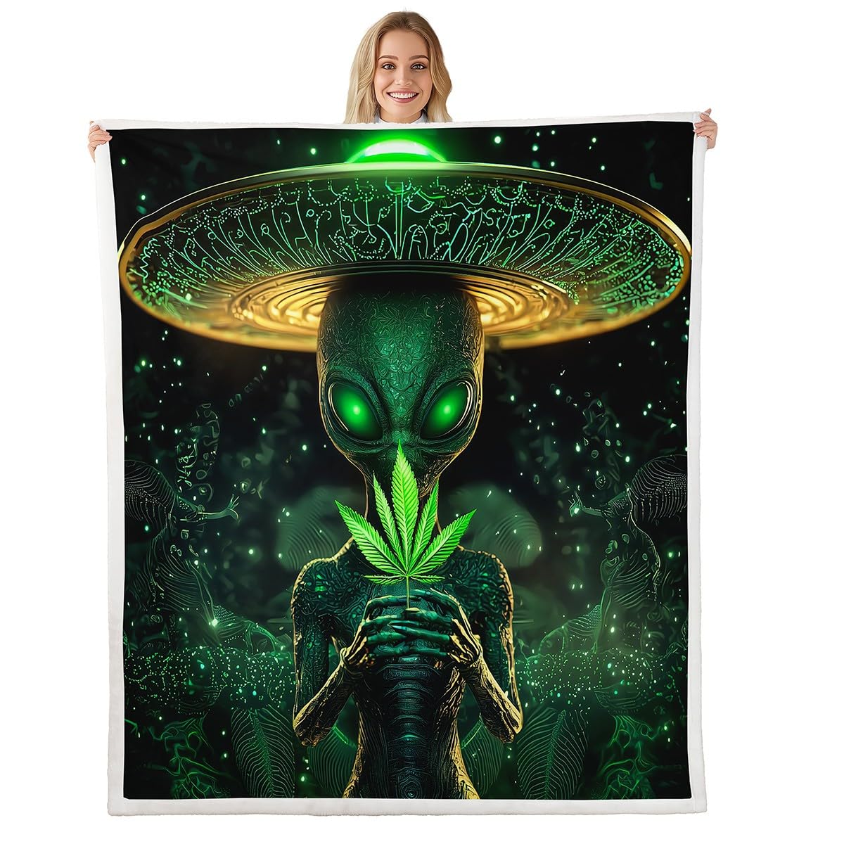 Erosebridal Alien Blanket Queen 90x90, Abstract Spaceship Soft Throw Blanket for Sofa Bed, Green Botanical Sherpa Blanket for Kids Boys Teens, Psychedelic UFO Cozy Fleece Blanket
