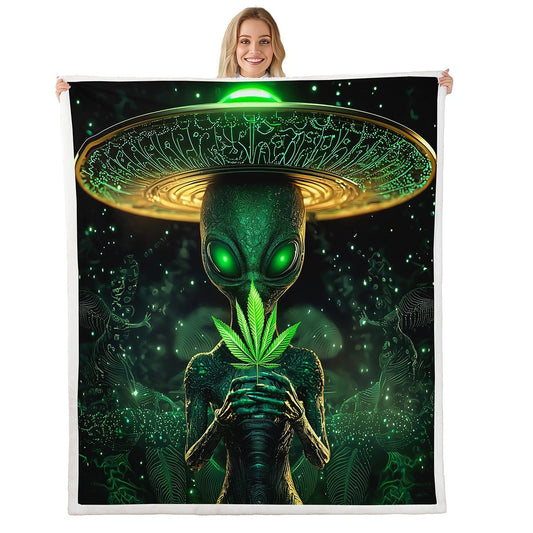 Erosebridal Alien Blanket Queen 90x90, Abstract Spaceship Soft Throw Blanket for Sofa Bed, Green Botanical Sherpa Blanket for Kids Boys Teens, Psychedelic UFO Cozy Fleece Blanket