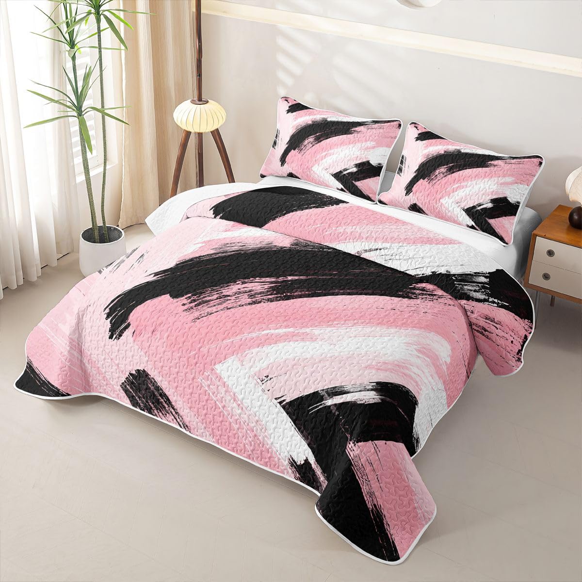 Feelyou Pink Black Bedding Set Kids Abstract Quilt Sets Queen Size Modern Stripes Bedspread Coverlet for Room Soft Modern with 2 Pillow Case