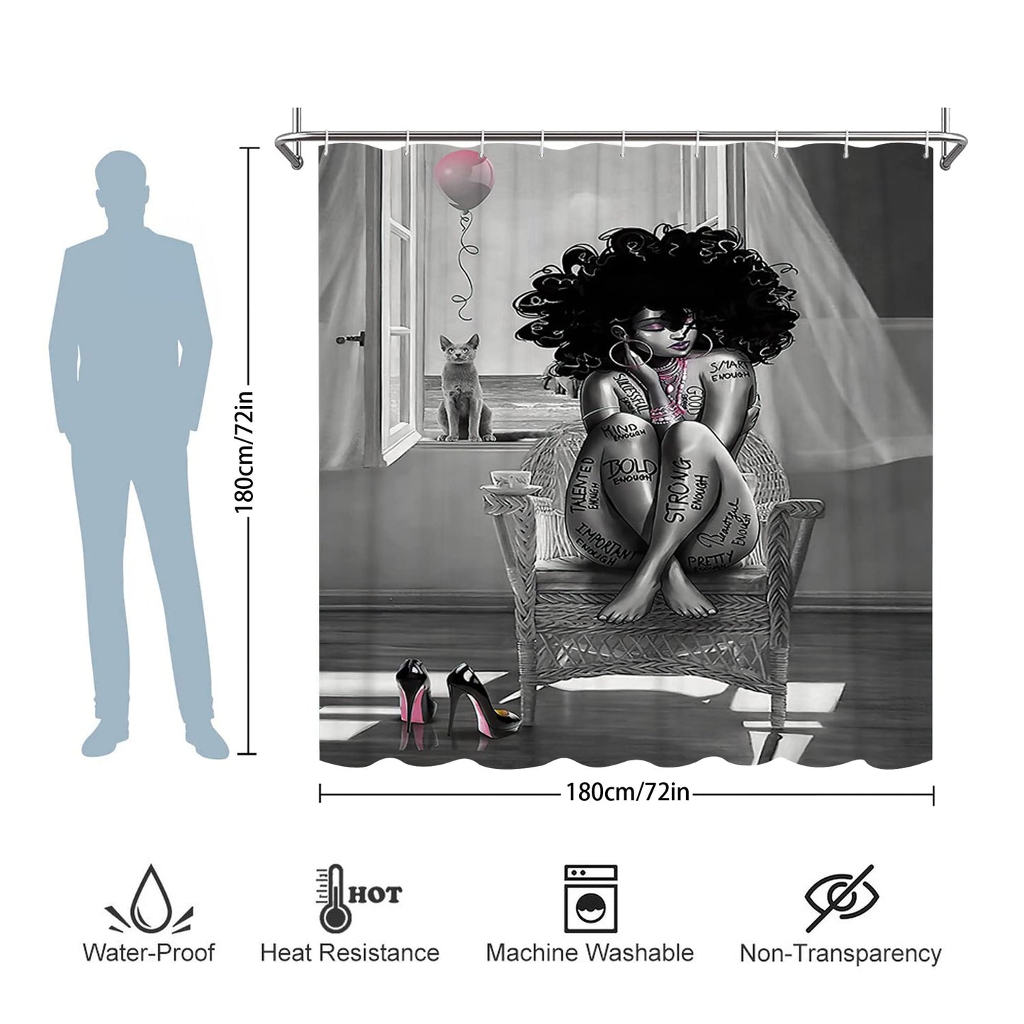 TYAKASHA African American Woman Shower Curtain Waterproof Polyester Fabric Shower Curtain for Bathroom Grey Bathroom Curtain Machine Washable Quick Dry 72 x 72 Inches with 12 Hooks