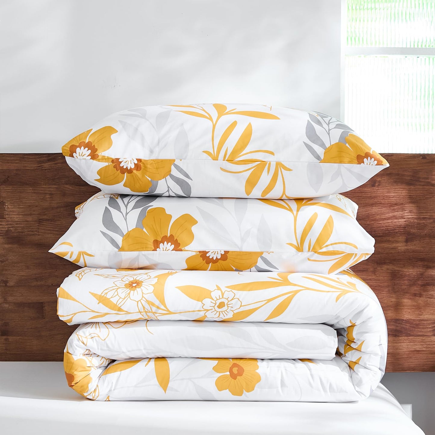 100% Cotton Floral Comforter 3 Pcs Botanical Queen Bedding Set Yellow Flower Grey Leaf Plant Printed Super Soft Cozy Country Rustic Bed Comforter Set All Season