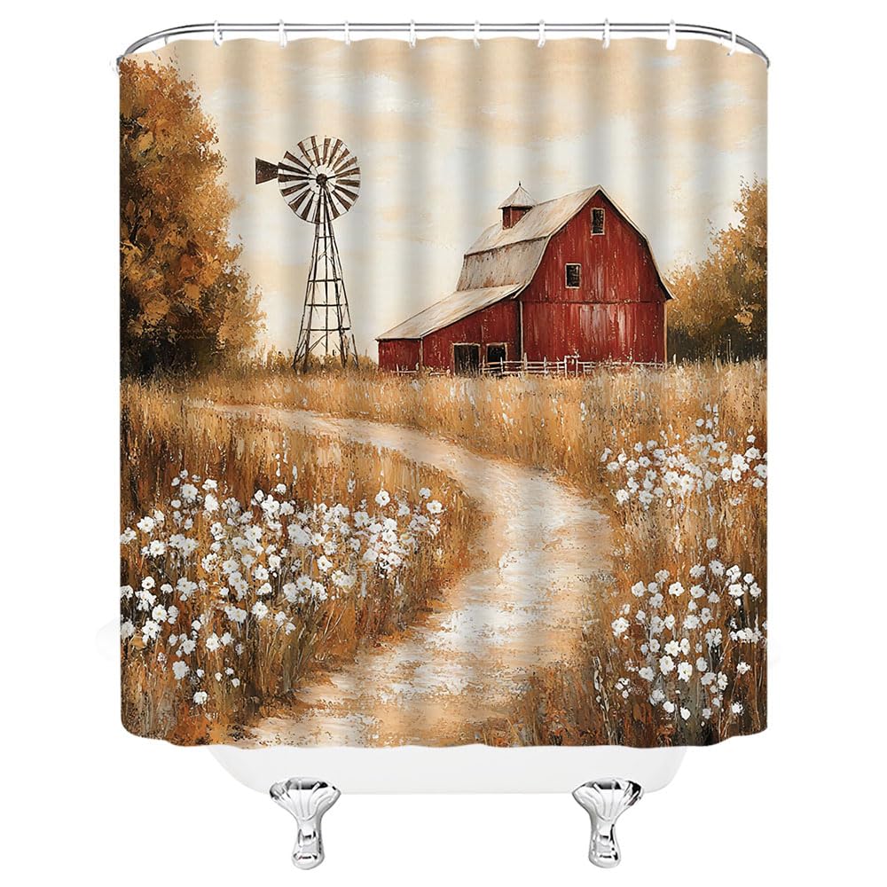 PZMPZM Rustic Barn Windmill Shower Curtain Vintage Western Farm Barn Flower Farmhouse Country Nature Scenery Bathroom Polyester Fabric Curtains with Hooks 70Wx70H Inch
