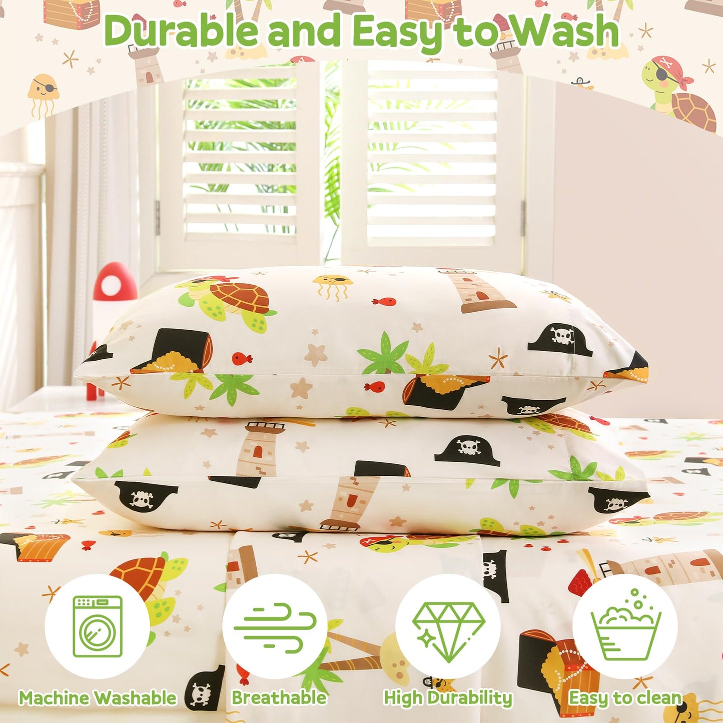 ChicView Full Sheet Set Kids,4 Pieces Breathable Soft Microfiber Bedsheets for Child Boys Girls, Anti Pilling Deep Pockets Easy Care Bed Sheets, Turtle