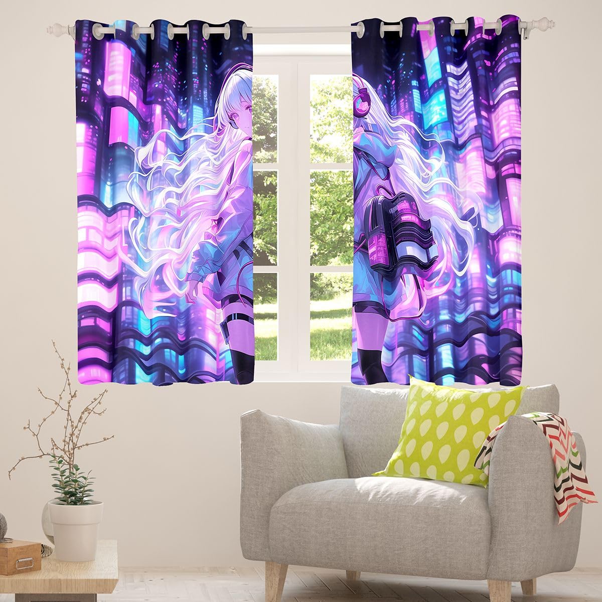 Erosebridal Japanese Girl Window Treatments Girly Anime 42" Wx63 L Window Curtain for Kids,Sci Fi Style Gaming Curtain Room Decor,3D Cartoon Anime Girl Curtains & Drapes