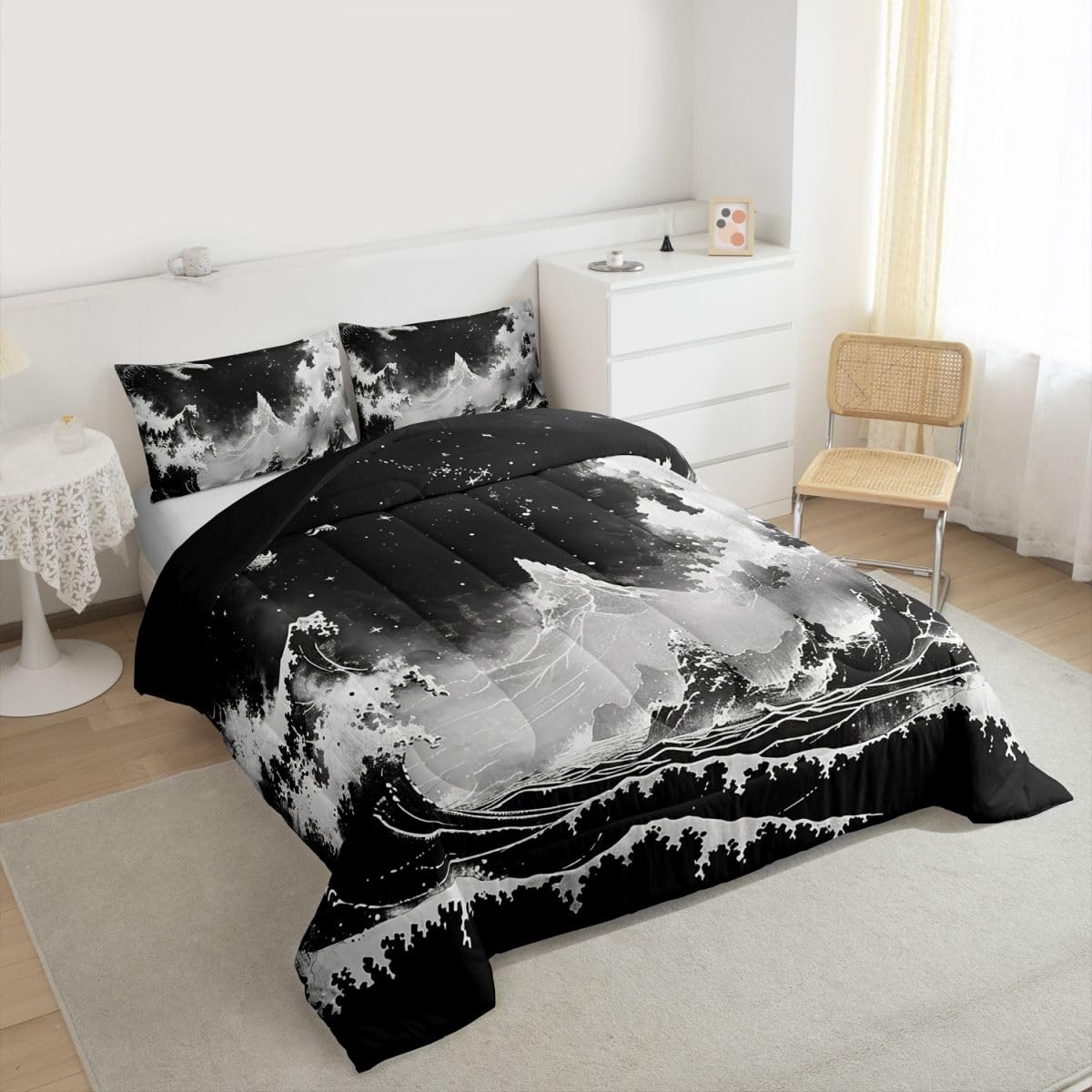 jejeloiu Black and White Wave Comforter Set Queen Size Japanese Style Bedding Set for Kids Boys Girls Ocean Wave Duvet Quilt Abstract Bedroom Decor Microfiber 3 Pcs with 2 Pillow Cases