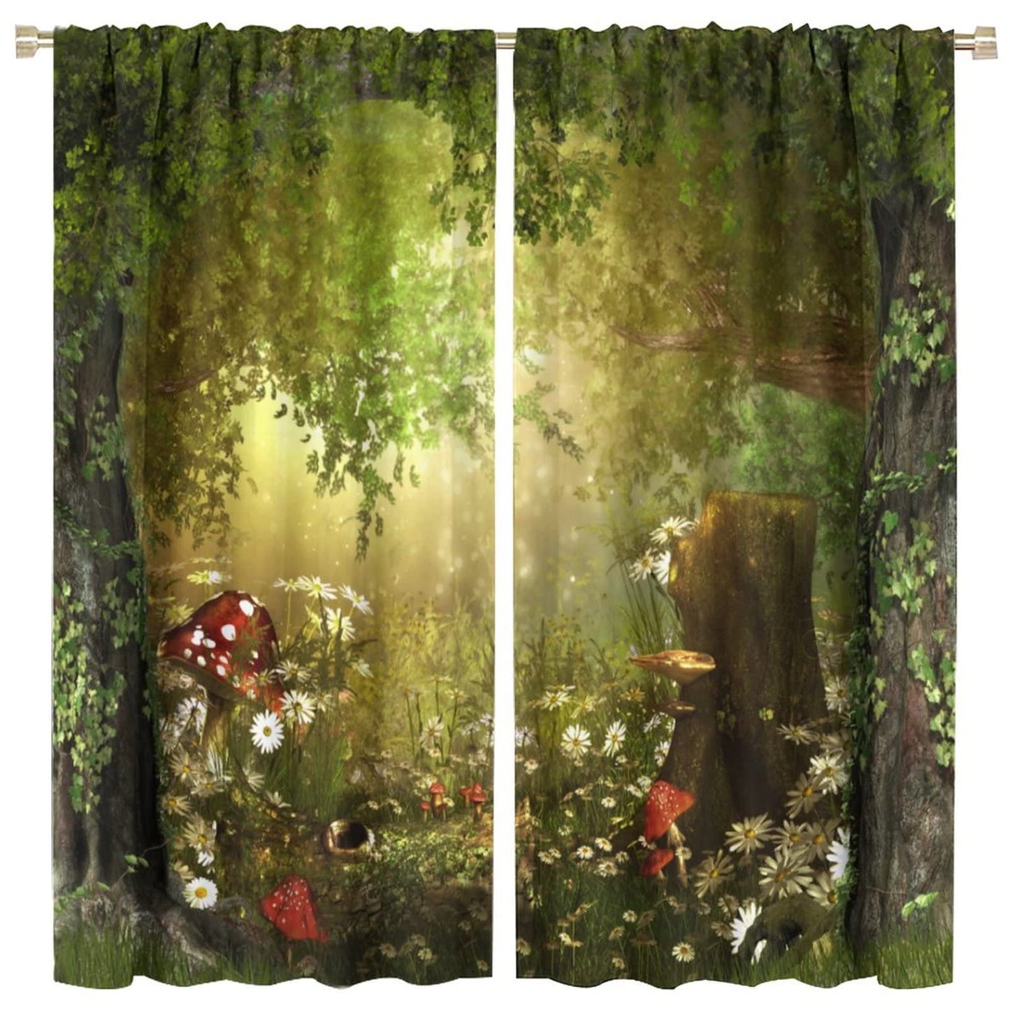 Dream Forest Curtains Beautiful and Charming Fairy Tale Lush Forest Land Mushroom Stumps Flowers Suitable for Kitchen Blackout Window Drapes Decoration 2 Panels Green 42x45 Inch