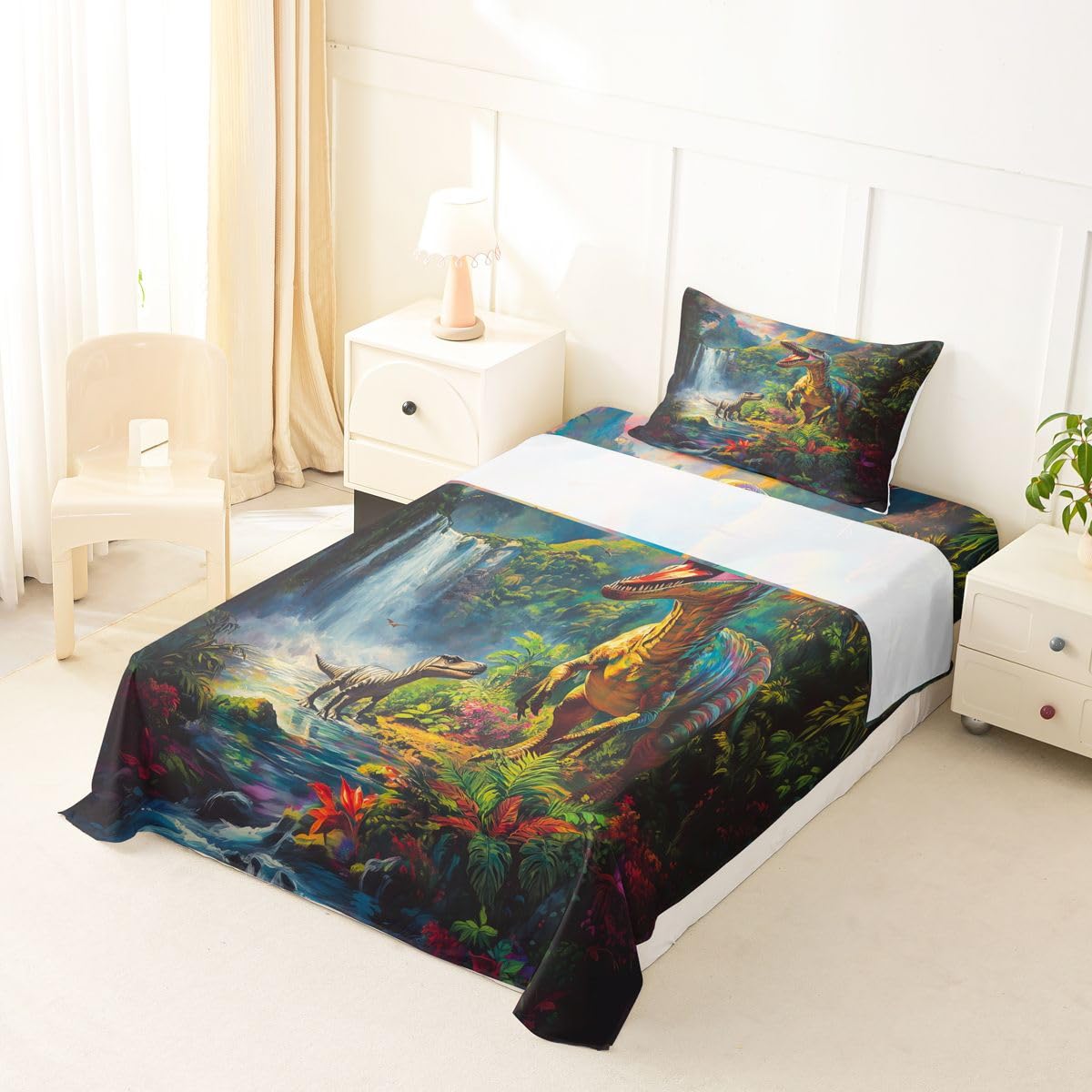 Feelyou Dinosaur Bed Sheets Set Twin Size 3D Digital Print Bed Set for Kids Boys Girls Jungle Dino Deep Pocket Fitted Sheet Wild Animal Breathable Soft Lightweight Microfiber Green Blue