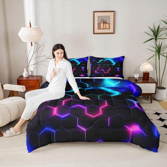 Castle Fairy 3D Honeycomb Comforter Set Twin Size,Neon Hexagon Theme Quilt Set Pink Blue Bedding 2pcs,Fashion Duvet Insert 1 Pillowcase,Black