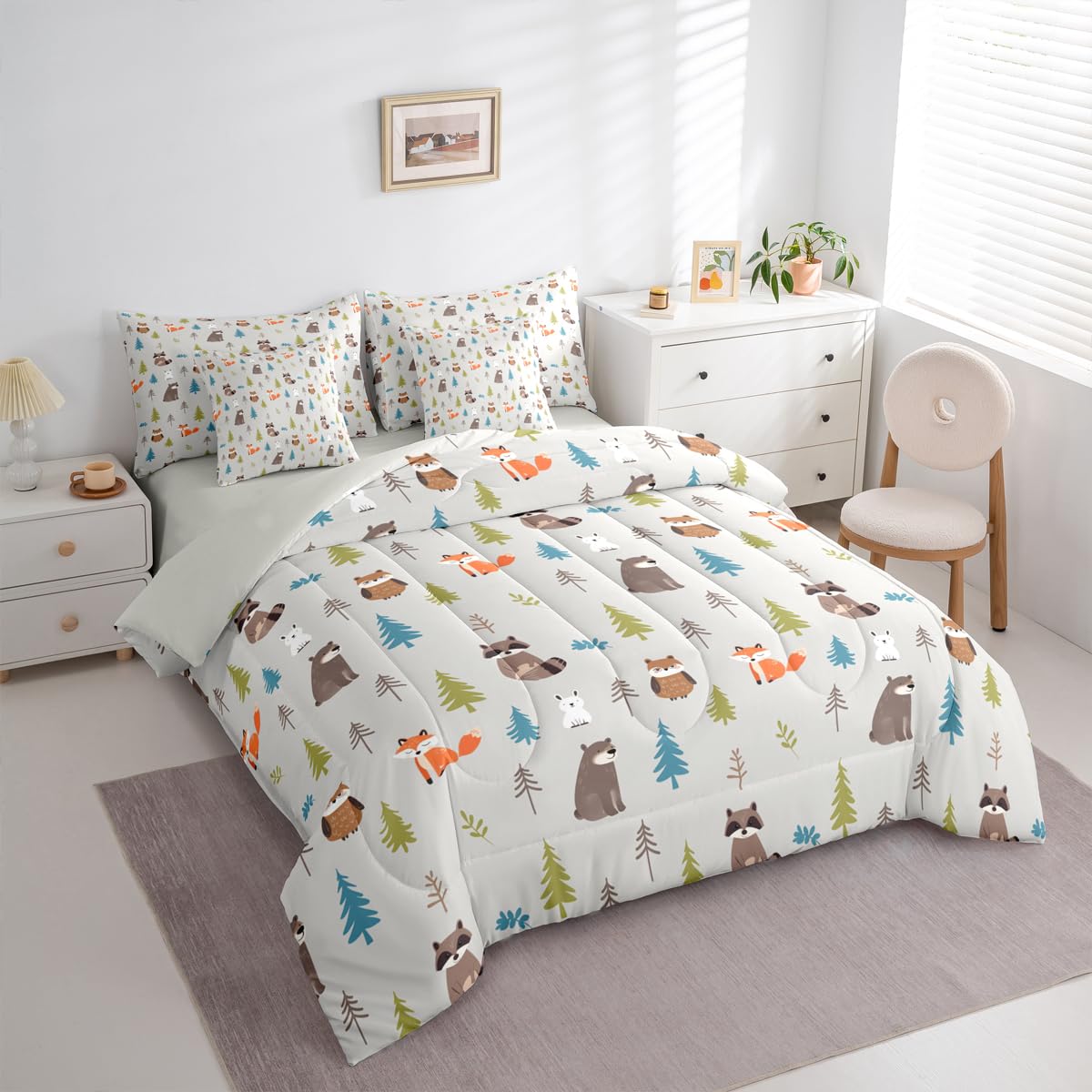 Erosebridal Woodland Animals 7 Piece Comforter Set Twin for Nursery Child Bedroom | Cute Fox Bear Raccoon Bedding Set Wildlife Sheet Set Kids Cartoon Wild Animals Duvet Insert Botanical Trees Quilt