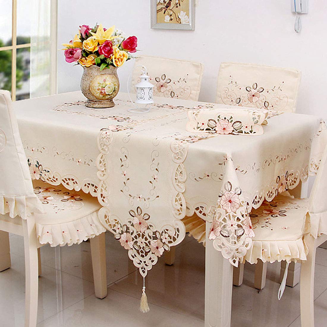LeLehome 15" X 58" Classic Table Runner, Flower Embroidery Vintage Lace Cream Beige Polyester Fabric Dresser Scarves