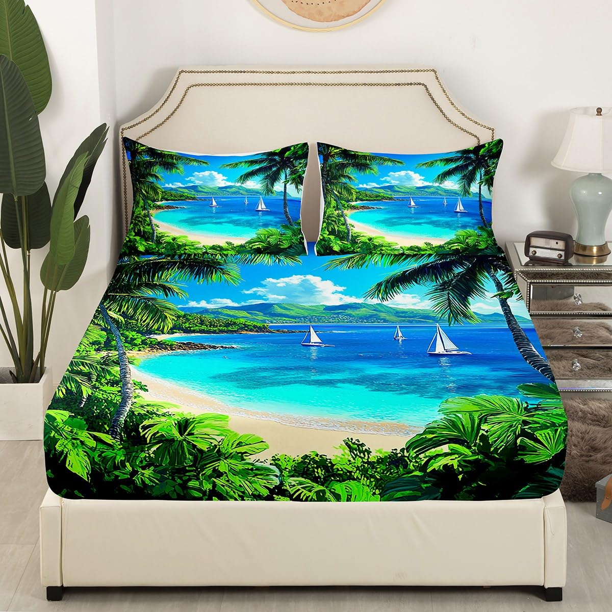 jejeloiu Beach Theme Fitted Sheet Full Size Kids Palm Leaf Bed Sheets Set for Boys Girls Teens Summer Ocean Wave Sailboat Printed Bedding Set Room Decor