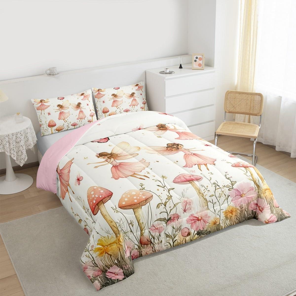 jejeloiu Fairy Kids Comforter Set Twin Size Floral Flower Fairies Bedding Set Enchanted Wonderland Duvet Quilt for Kids Boys Girls Bedroom Butterfly Decor Botanical Plants Ultra Soft Breathable