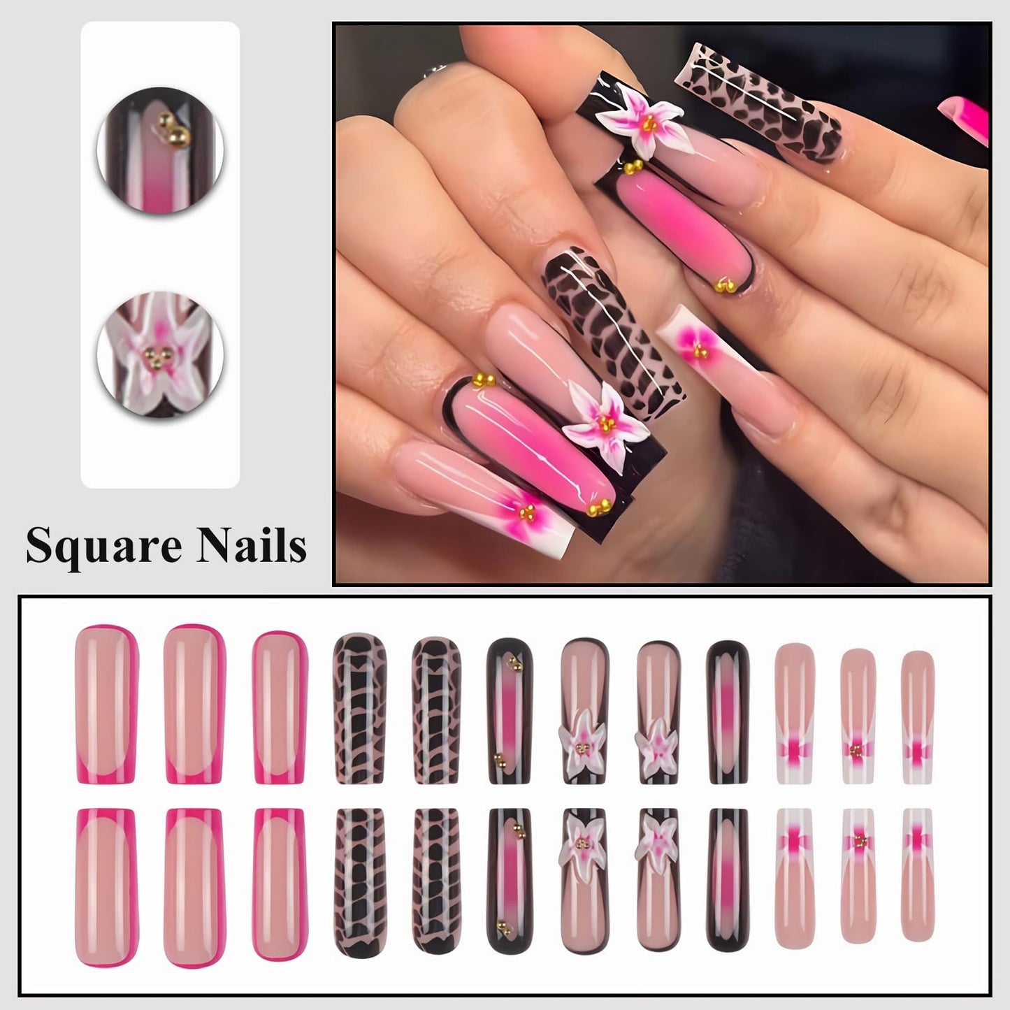 MISUD Press on Nails - Long Square Glue on Nails with Pink Black, Acrylic Handmade Flower Design 24 pcs