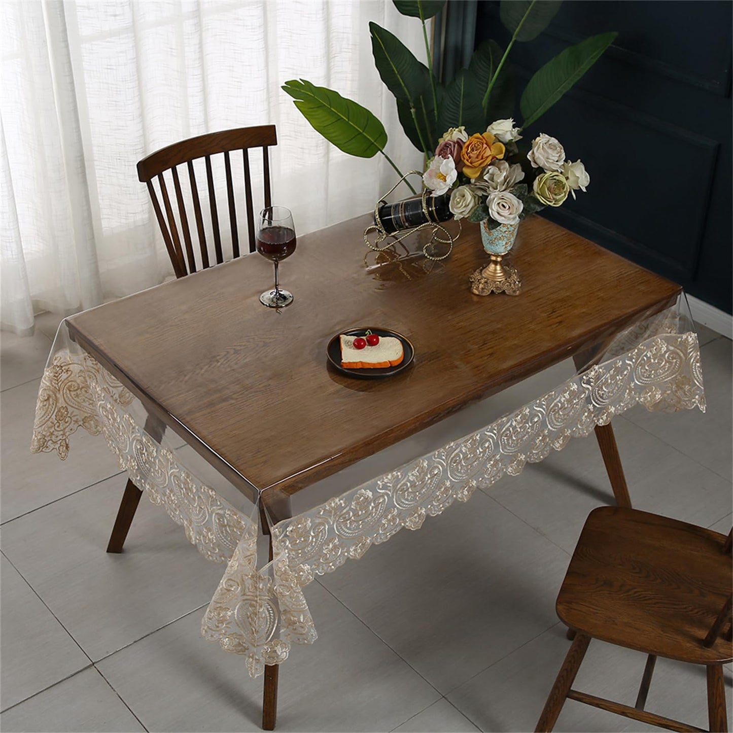 Clear Plastic Rectangle Tablecloth Vinyl Waterproof Table Cloth Embroidered Lace Edge Transparent Table Cover for Dining Kitchen Outdoor(52 x 70 inch, Coffee Style 1)