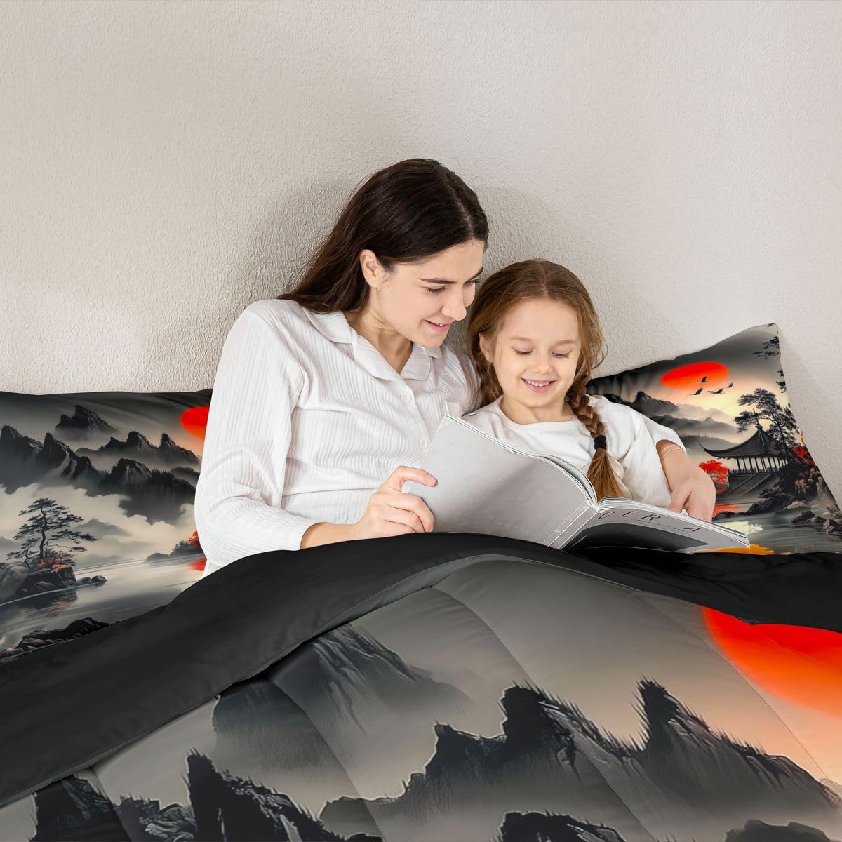 jejeloiu Chinese Ink Painting Comforter Set All Season Red Sun Bedding Set with 2 Pillow Cases Mountain Microfiber Kids Queen Bedclothes Japanese Style Bedroom Decor Duvet Quilt Breathable Soft