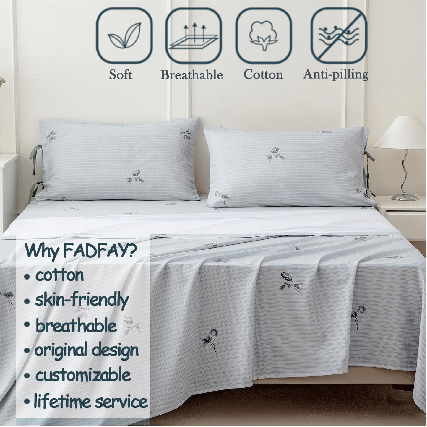FADFAY 100% Cotton Double Gauze Muslin Sheet Set, Gray Striped Floral Bed Sheets with Bow Tie Detail, Ultra Soft Breathable Cooling Sheets, Deep Pocket Luxury 4 Piece Bedding Set，Twin