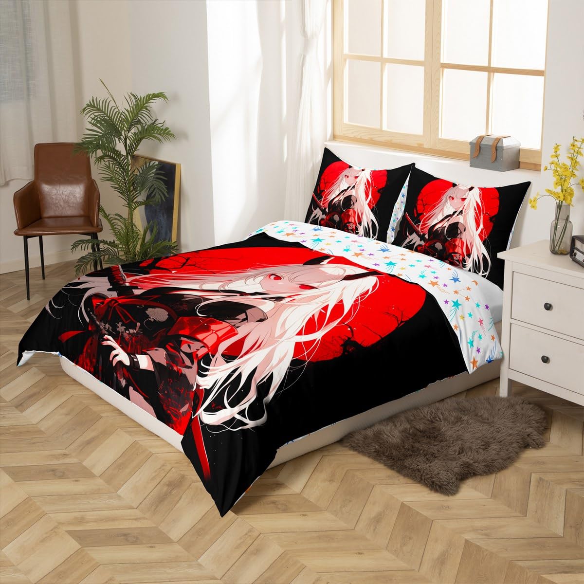 Erosebridal Full Japanese Anime Comforter Cover for Kids, Anime Girl Duvet Cover Kawaii Japanese Style Bedding Set Cartoon Japan Animation Bed Set for Boys Teen Adult Women Bedroom,Red Black