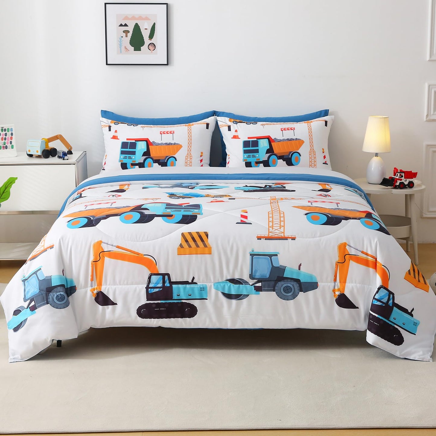 Jameswish 7 Pieces Boys Comforter Set Twin Size Excavator Bedding Set Cartoon Car Kids Bed in a Bag Construction Truck Bedding for Children Kids Boys Teens for Birthday Choice