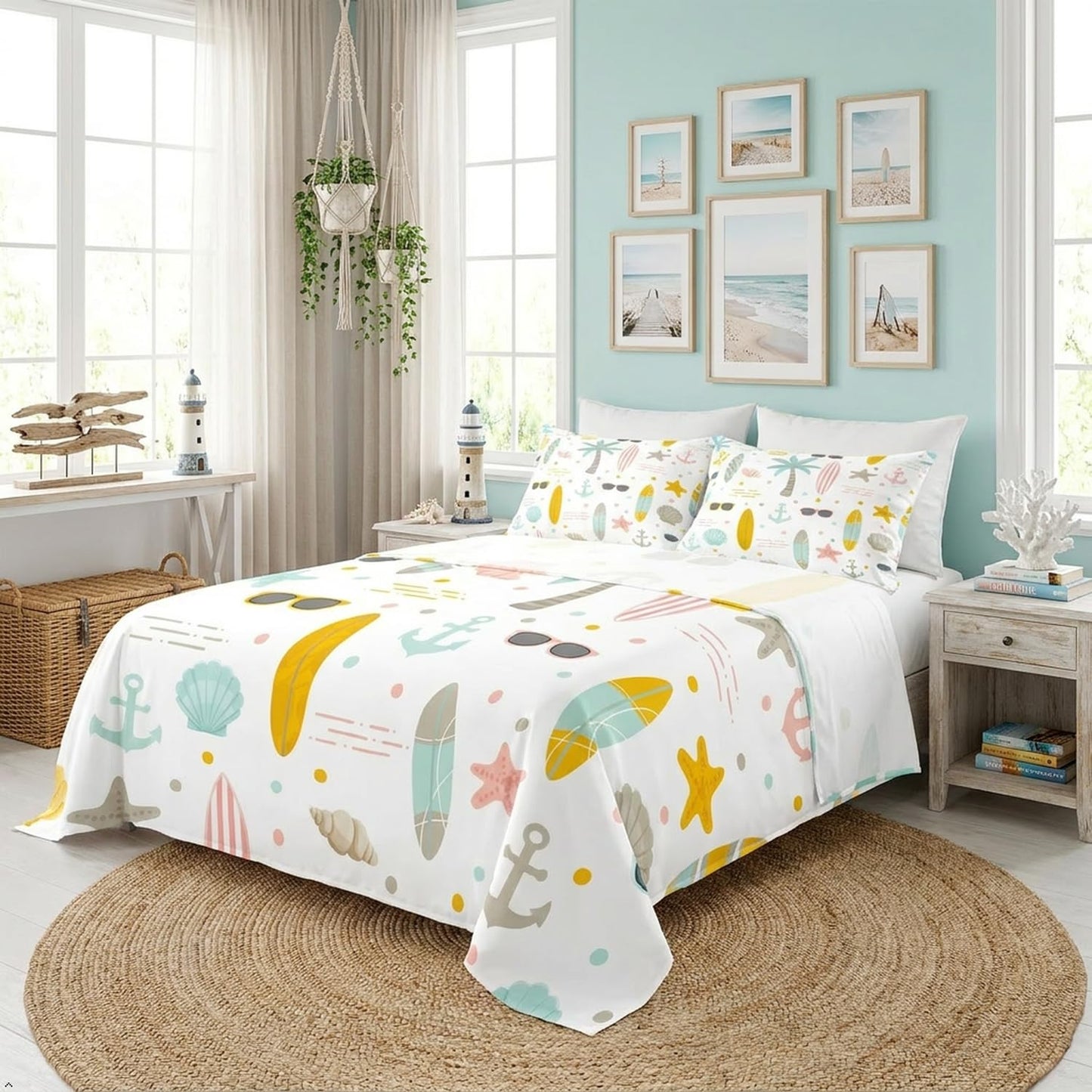 Nautical Anchor Bed Sheet Set for Kids Boys Girls Teens,Hawaii Palm Tree Sheet Set King Size,Surfboard Ocean Beach Bedding Set,Starfish Coastal Sea Animal Fitted Sheet + Flat Sheet + 2 Pillow Cases