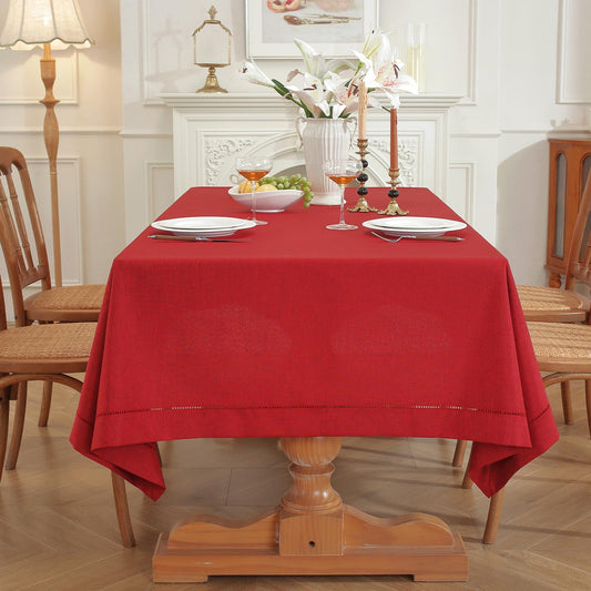 Zdolmy Handmade Hemstitch Linen Blend Solid Color Tablecloth for Dinner Table, Picnic Table, Parties, Wedding Decorations, Exhibitions (Red, 70" x 52" (Rectangular))