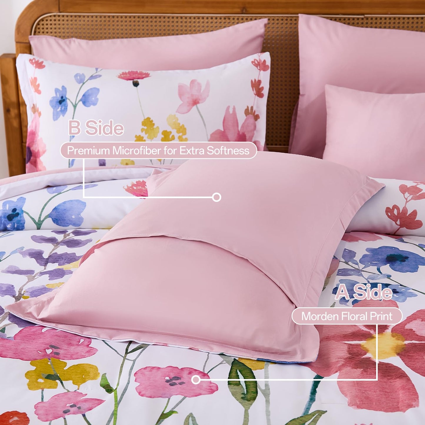 Annibedding Pink Floral Queen Comforter Set, 8 Piece Soft Microfiber Flower Bed in a Bag Bedding Set with Pillowcase and Sheets for All Season (90"x90")