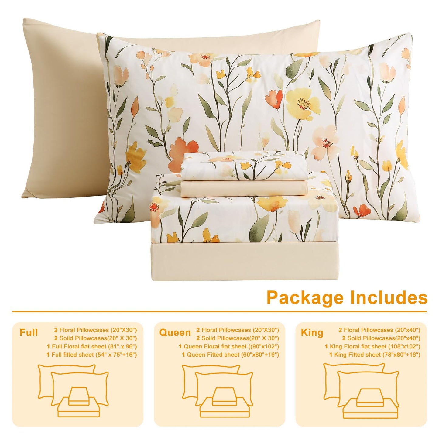 Botanical 6-Piece Full Size Sheets Set, Boho Floral Print Brushed Microfiber Sheets, Cooling Bed Sheet Set, Ultra Soft & Breathable, 16' Deep Pocket Fitted Sheet & Pillowcase Set, Beige Floral