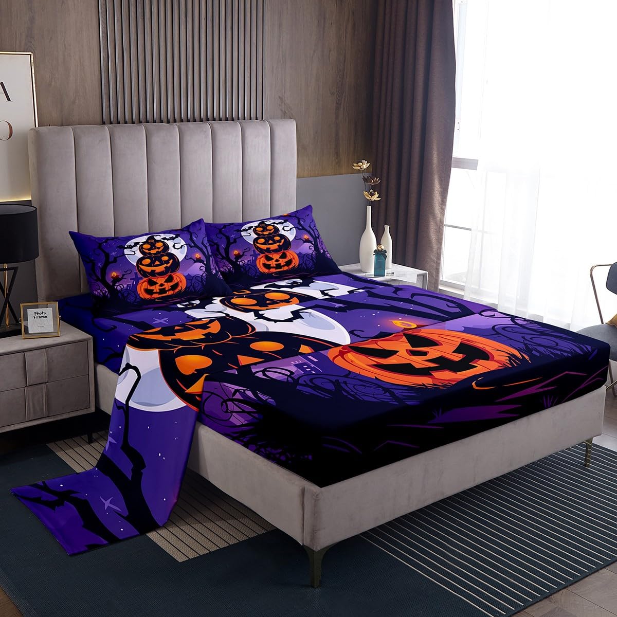 jejeloiu Halloween Decor Bed Sheets Set Twin Size Pumpkins Bed Set for Kids Boys Girls Bats Deep Pocket Fitted Sheet Dead Tree Breathable Soft Lightweight Microfiber