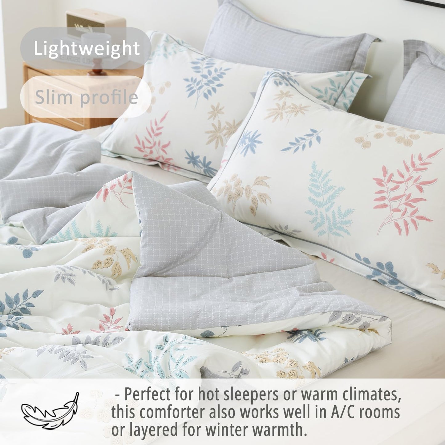 LEMIROE Farmhouse Cotton Comforter King Size 3Pcs -Charming Pastel Leaf Print on Cream Base, Gray Grid Back, Reversible Lightweight Bedding Sets with Soft Fill(King, 104"×90")