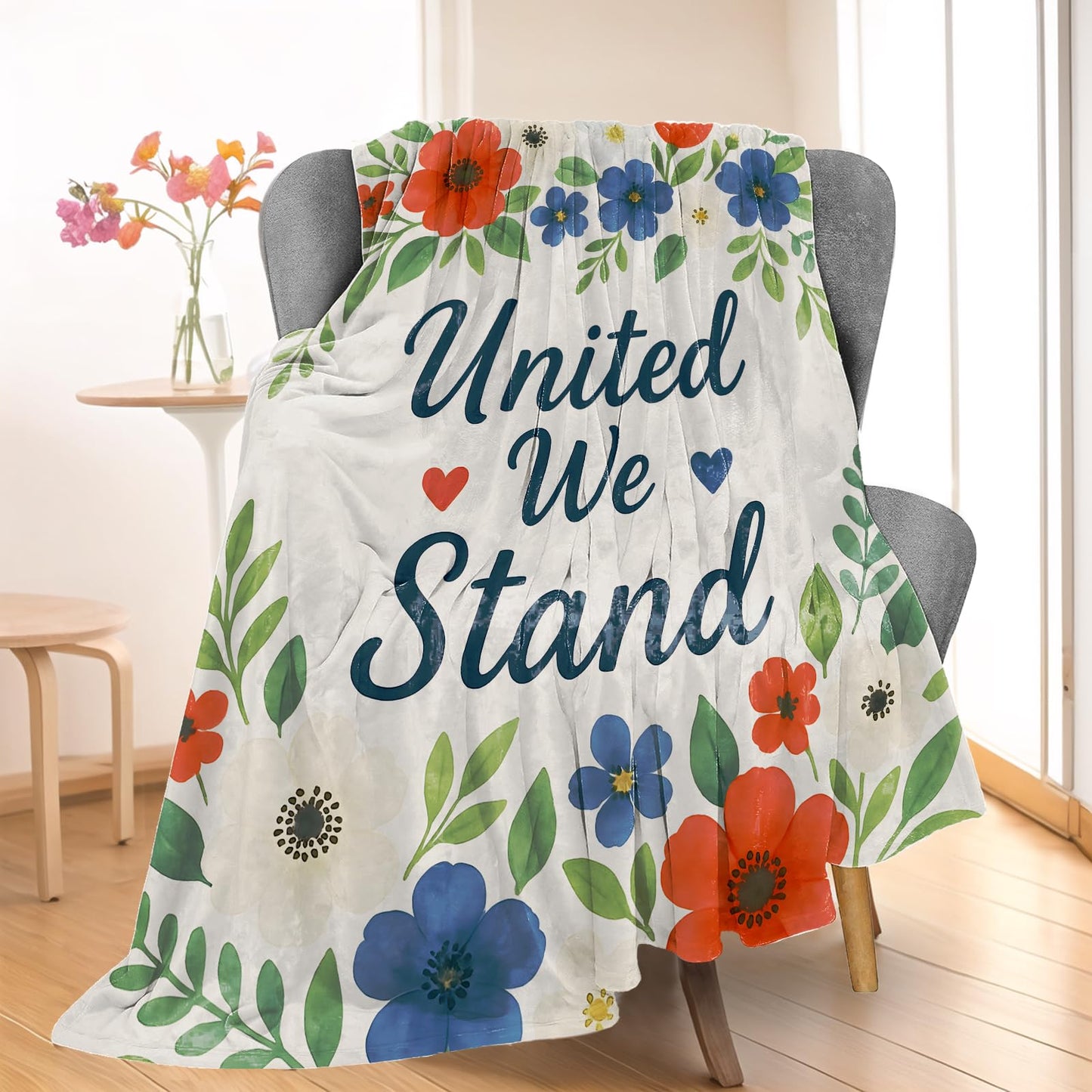 Wanoryer United We Stand Floral Blanket, Comfy & Warm Flannel Red White Blue Flowers Throw Blanket for Couch, Gifts for Women Girls, Soft Lightweight Travel Bed Office Blankets for Decor 50"×60"
