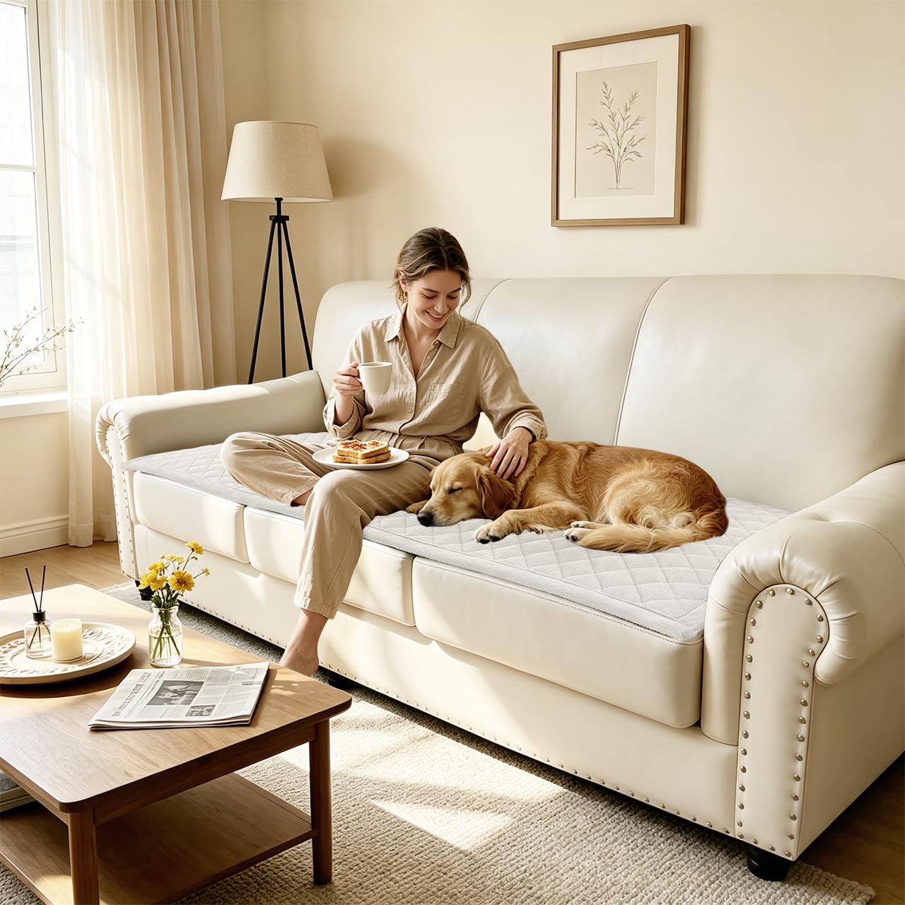 ALIECOM Waterproof Couch Covers for Dogs Sofa Cover Washable Non Slip Couch Covers for 3 Cushion Sofa Pet Friendly Soft Fuzzy Thick Sofa Slipcovers Furniture Protector (Ivory White, 27.5x59.1in)