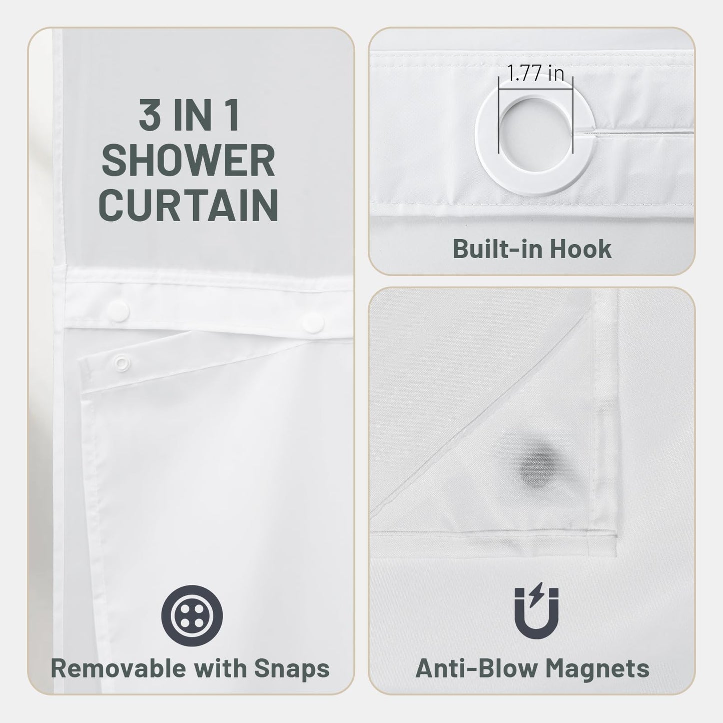 WITHLOC No Hook Shower Curtain with Snap in Liner, Removable Liner Water Repellent, Easy Install & Machine Washable, Hotel Style Bathroom Watercolor Floral Curtain, Purple, 71" W x 74" L
