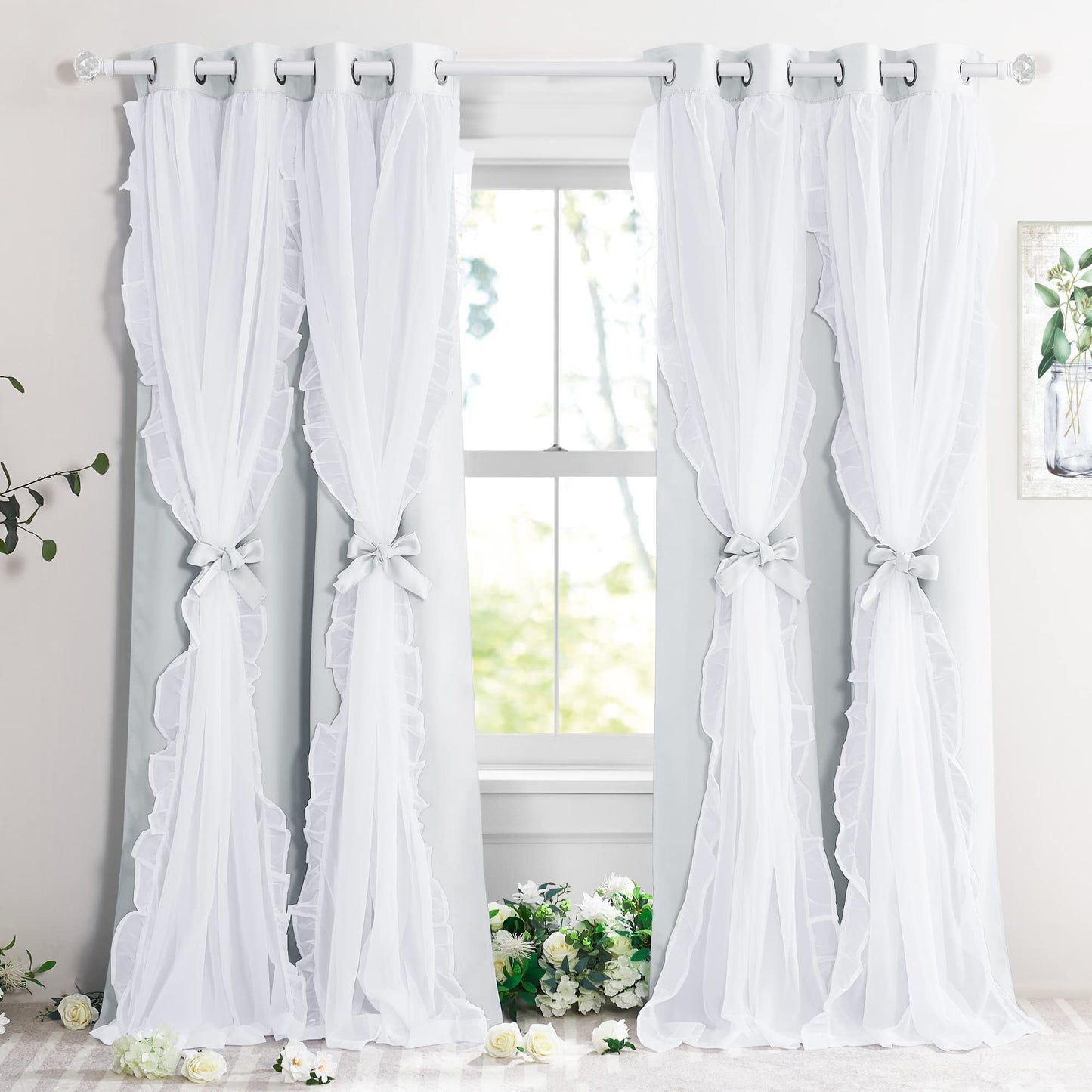 PONY DANCE Shabby Chic Curtains for Bedroom Double Layer White Ruffle Sheer Overlay with Tiebacks French Country Drapes for Bedroom Decor, 52" W x 84" L, Greyish White, 2 Pieces